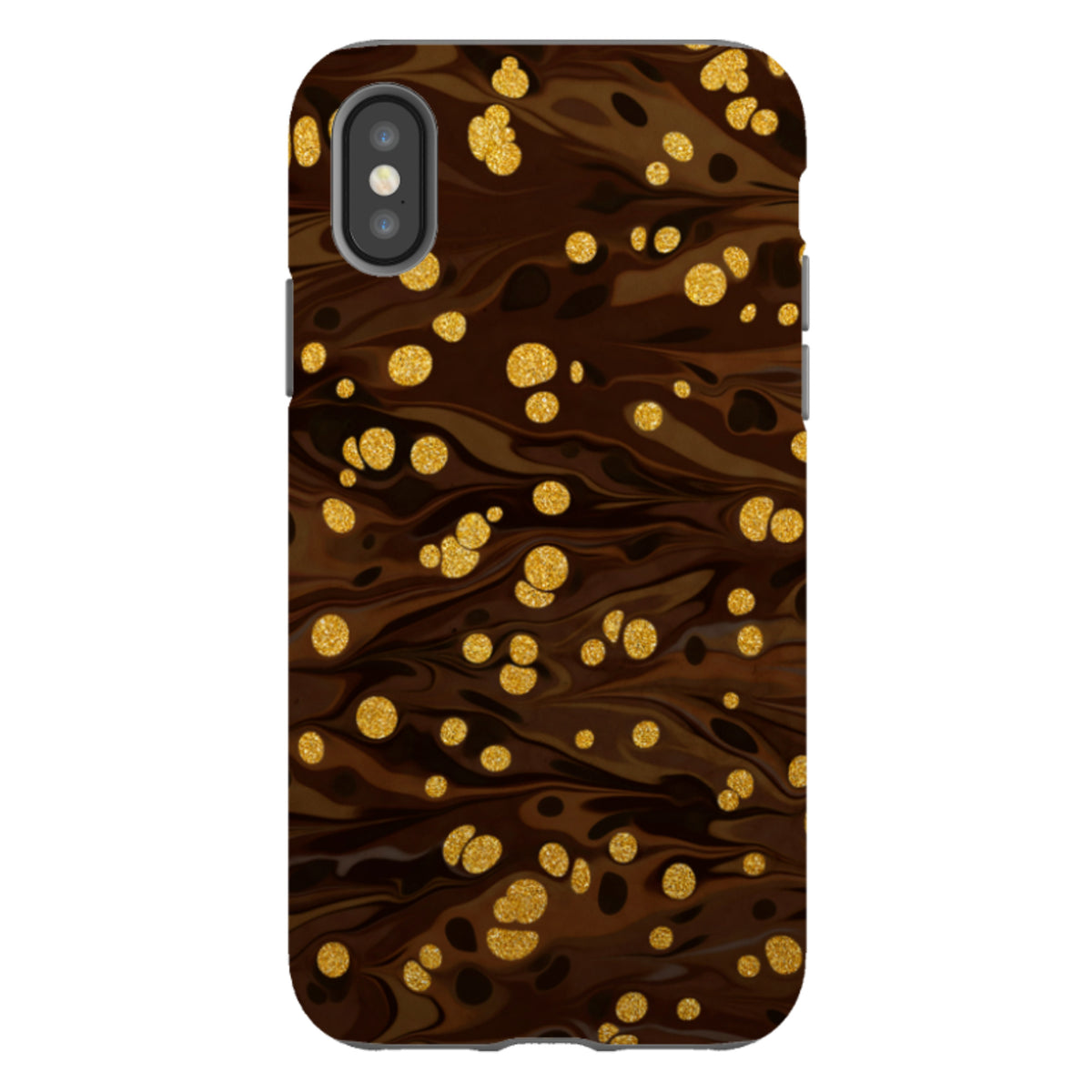 iPhone Tough Case in Ginger Soda featuring a dark brown marbled design with shimmering gold glitter accents.