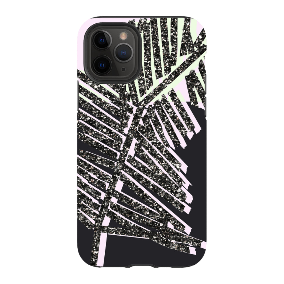 iPhone tough case featuring a black glitter palm leaf design on a pastel pink and black background.