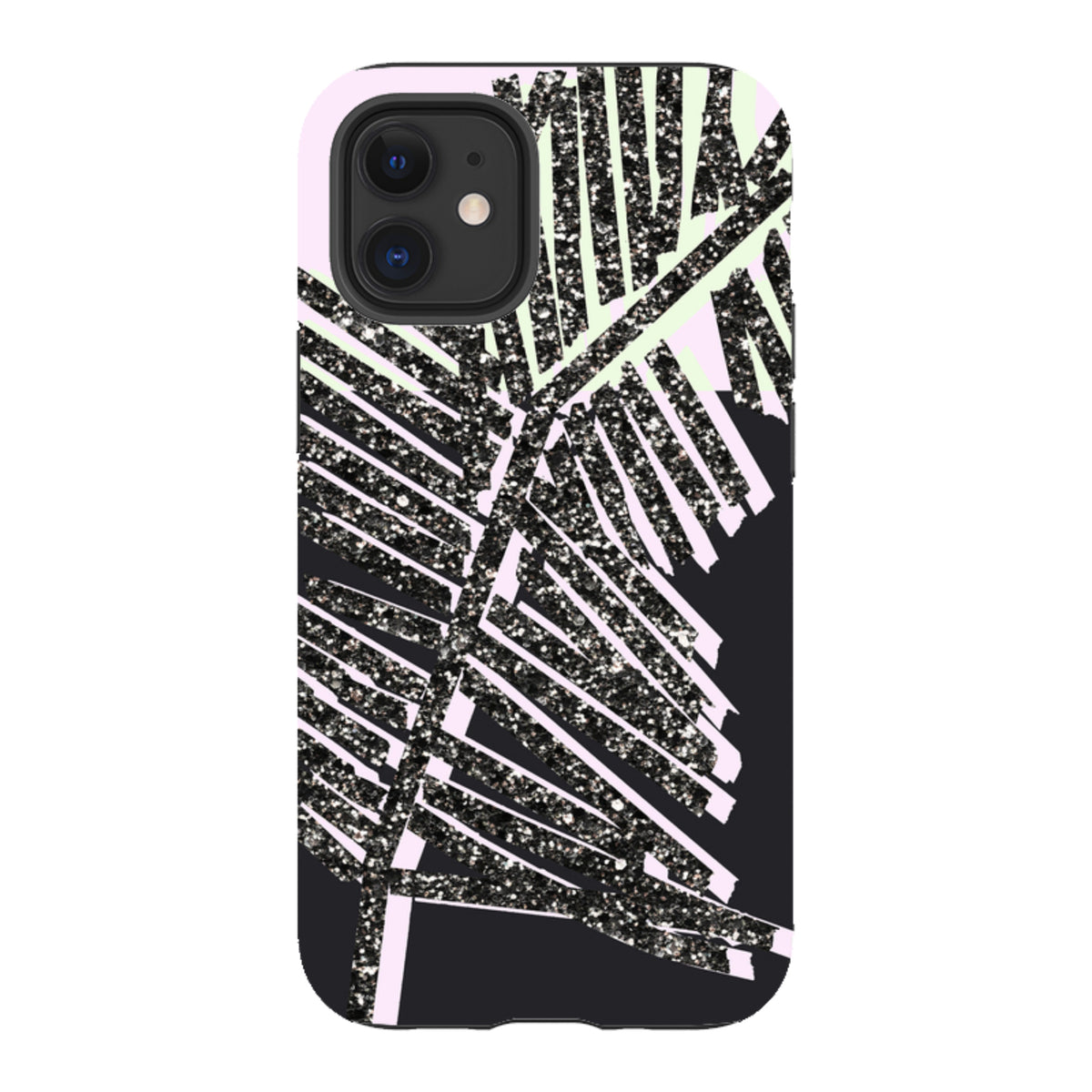 Dual-layer iPhone case with a black glitter palm leaf design on a pink and black background.