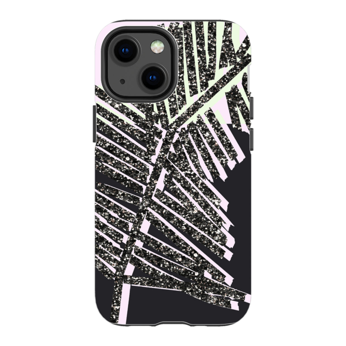 iPhone tough case with a black glitter palm leaf design on a pastel pink and black background.