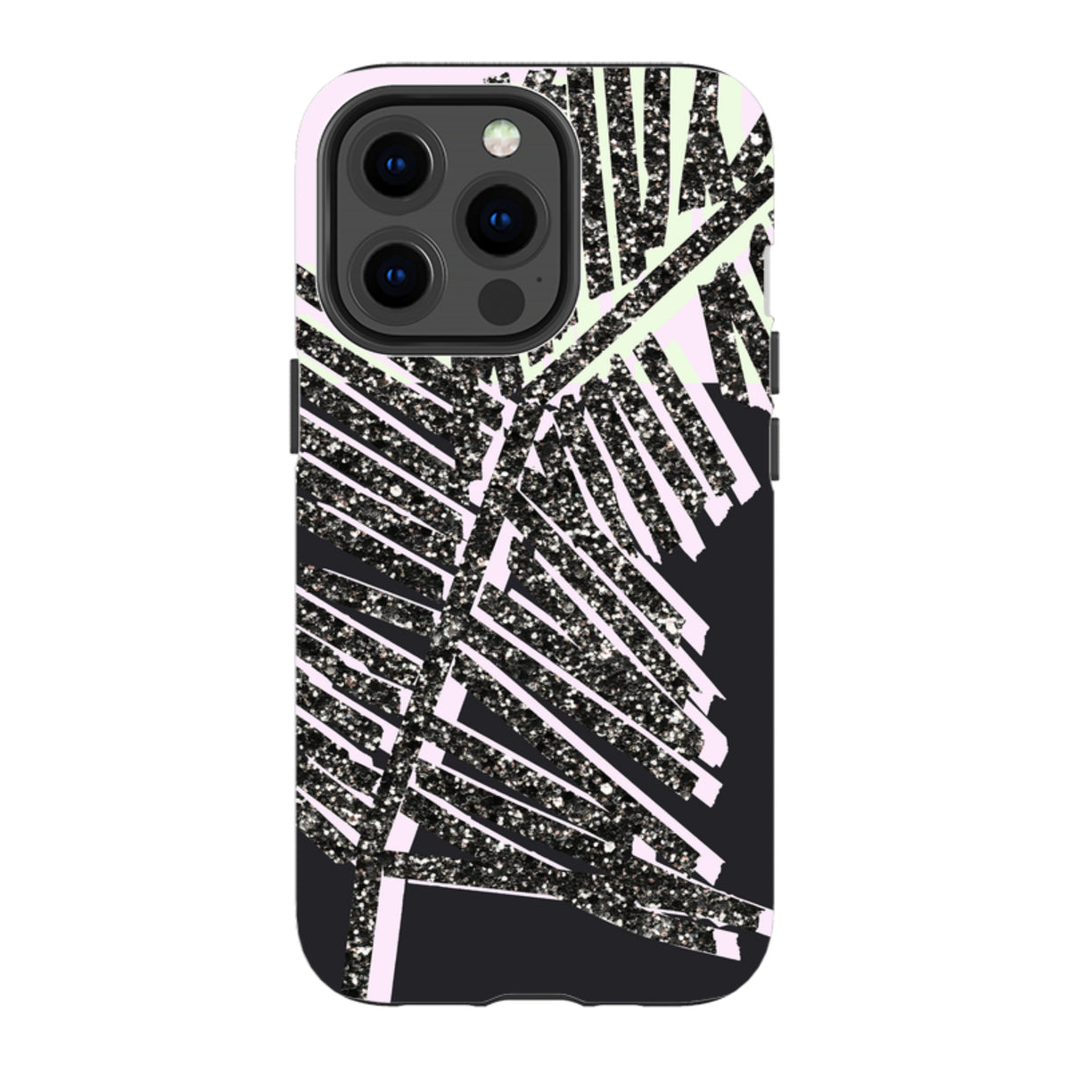 iPhone tough case featuring a black glitter palm leaf design on a soft pink and black background.