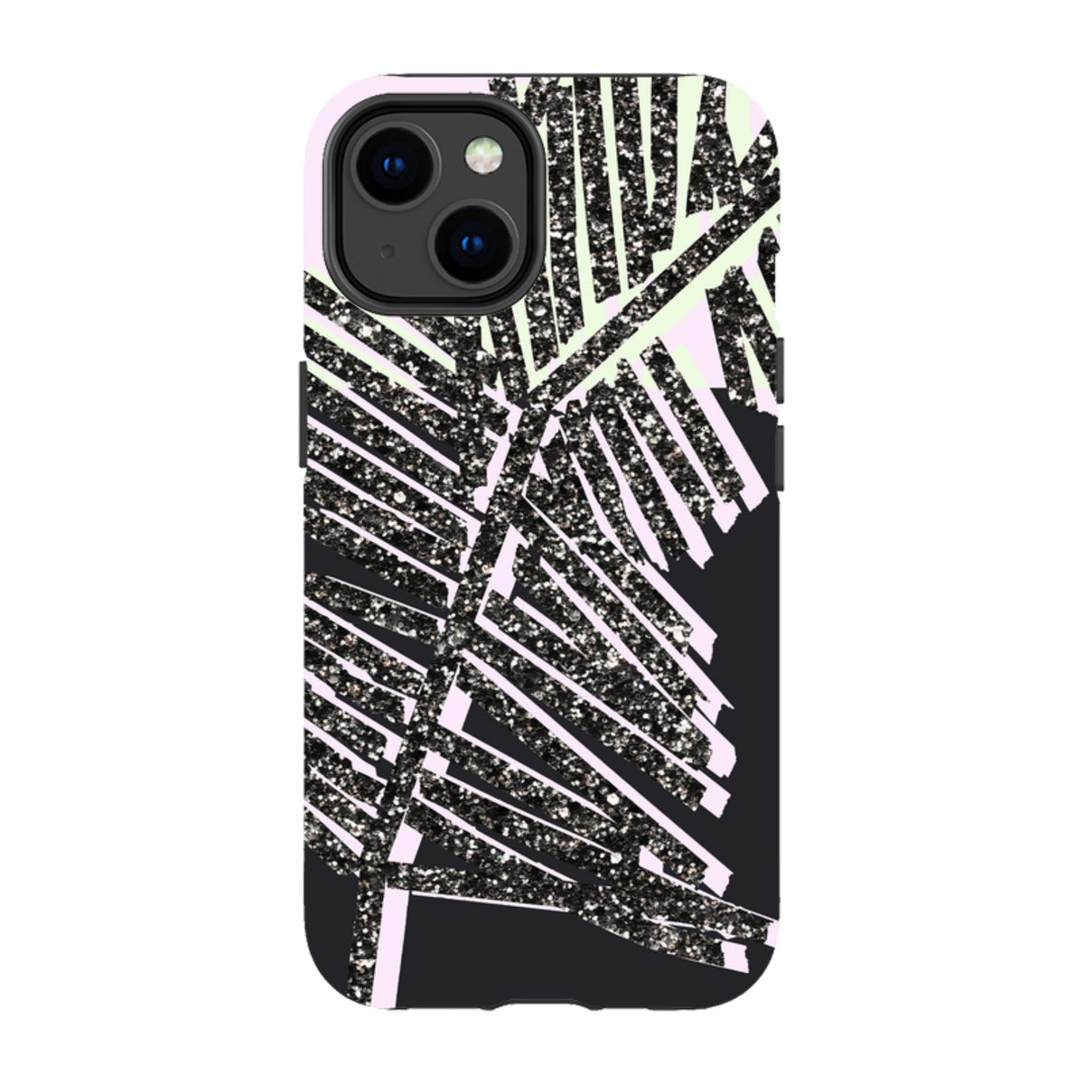 iPhone tough case featuring a black glitter palm leaf design on a pink and black background with dual-layer protection.