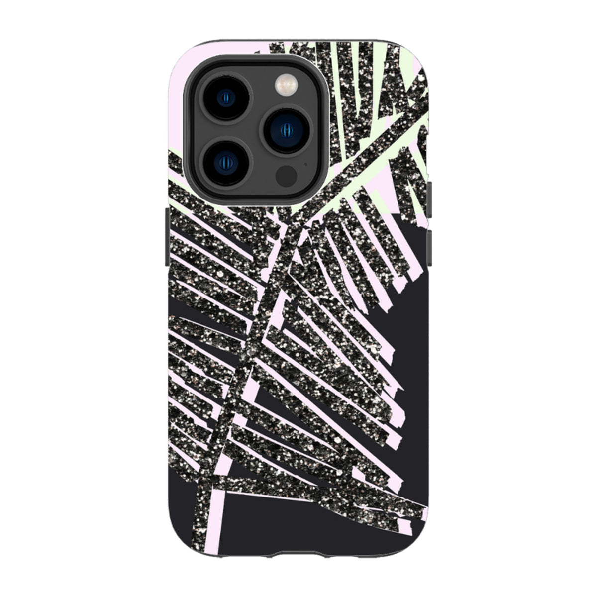 iPhone Tough Case featuring a black glitter palm leaf design on a pastel pink and black background.