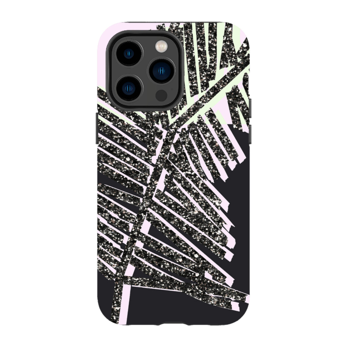 Dual-layer iPhone tough case featuring a black glitter palm leaf design on a soft pink and black background.