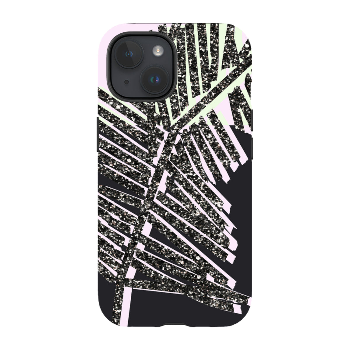 iPhone tough case featuring a black glitter palm leaf design over a pink and black background.