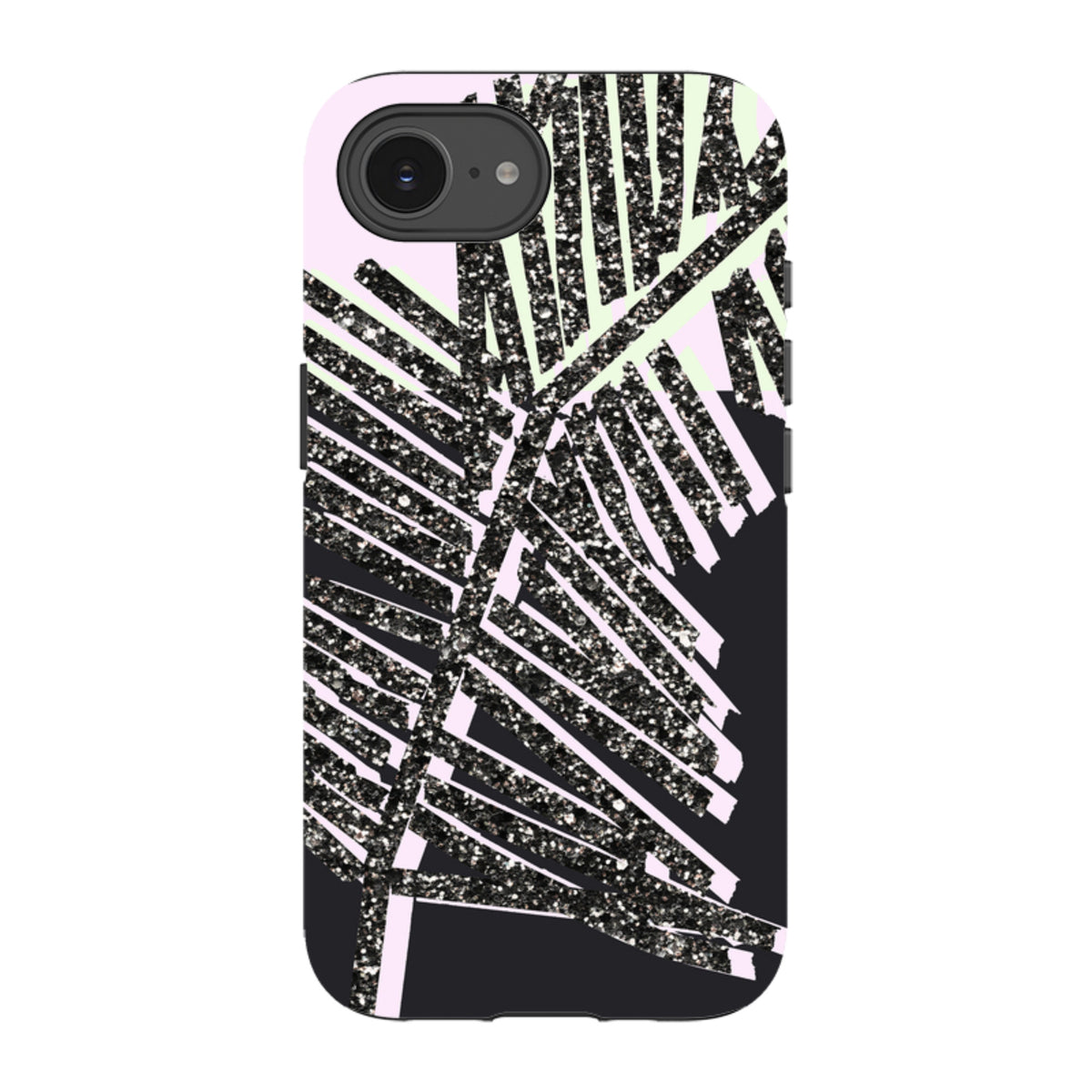 iPhone tough case with a black glitter palm leaf design on a pink and black background, featuring dual-layer protection.