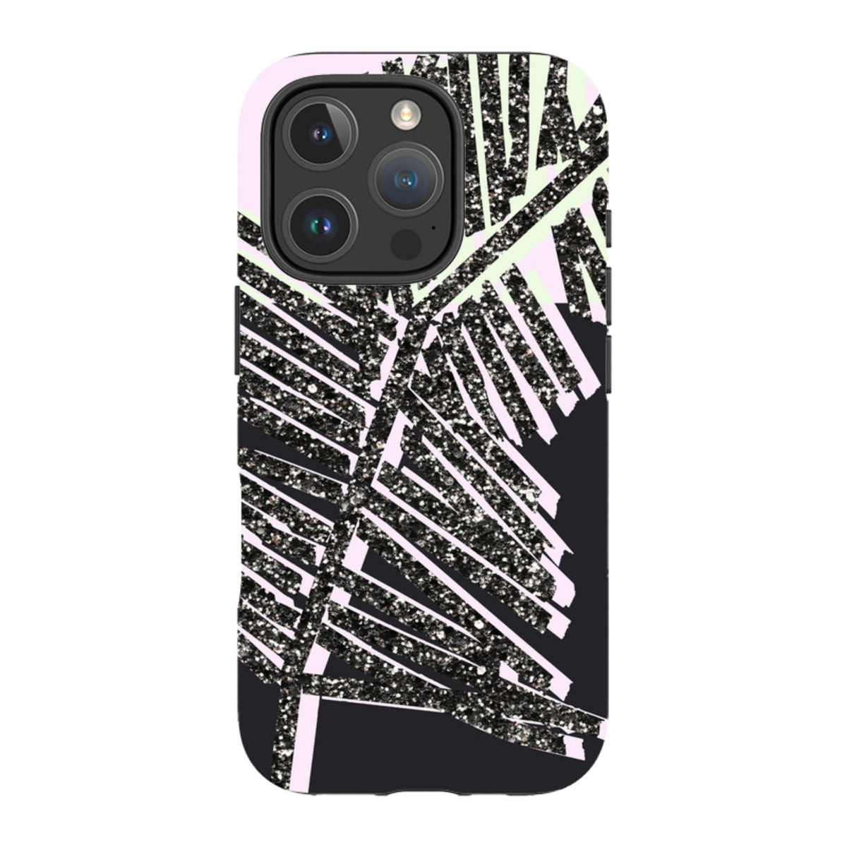 iPhone tough case featuring a black glitter palm leaf design on a pastel pink and black background.