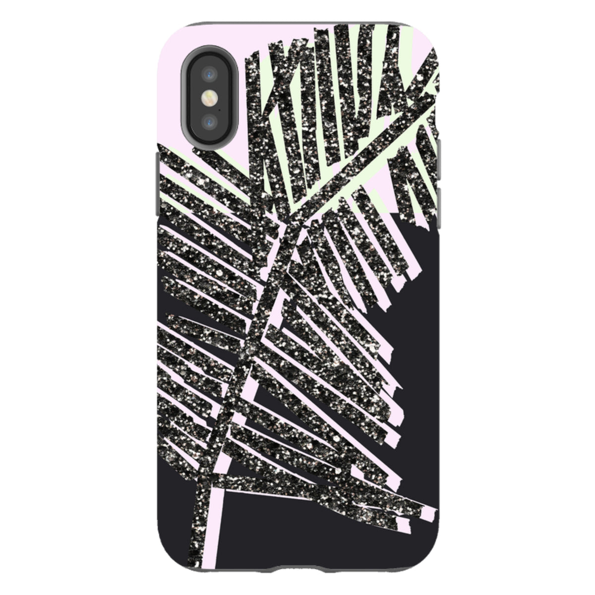 iPhone tough case featuring a black glitter palm leaf design on a pink and black background with dual-layer protection.