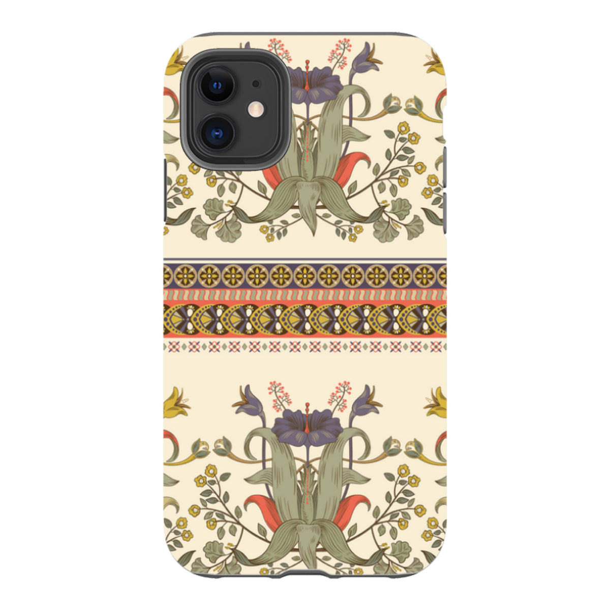 iPhone Tough Case featuring a cream background with intricate floral patterns and decorative geometric borders.