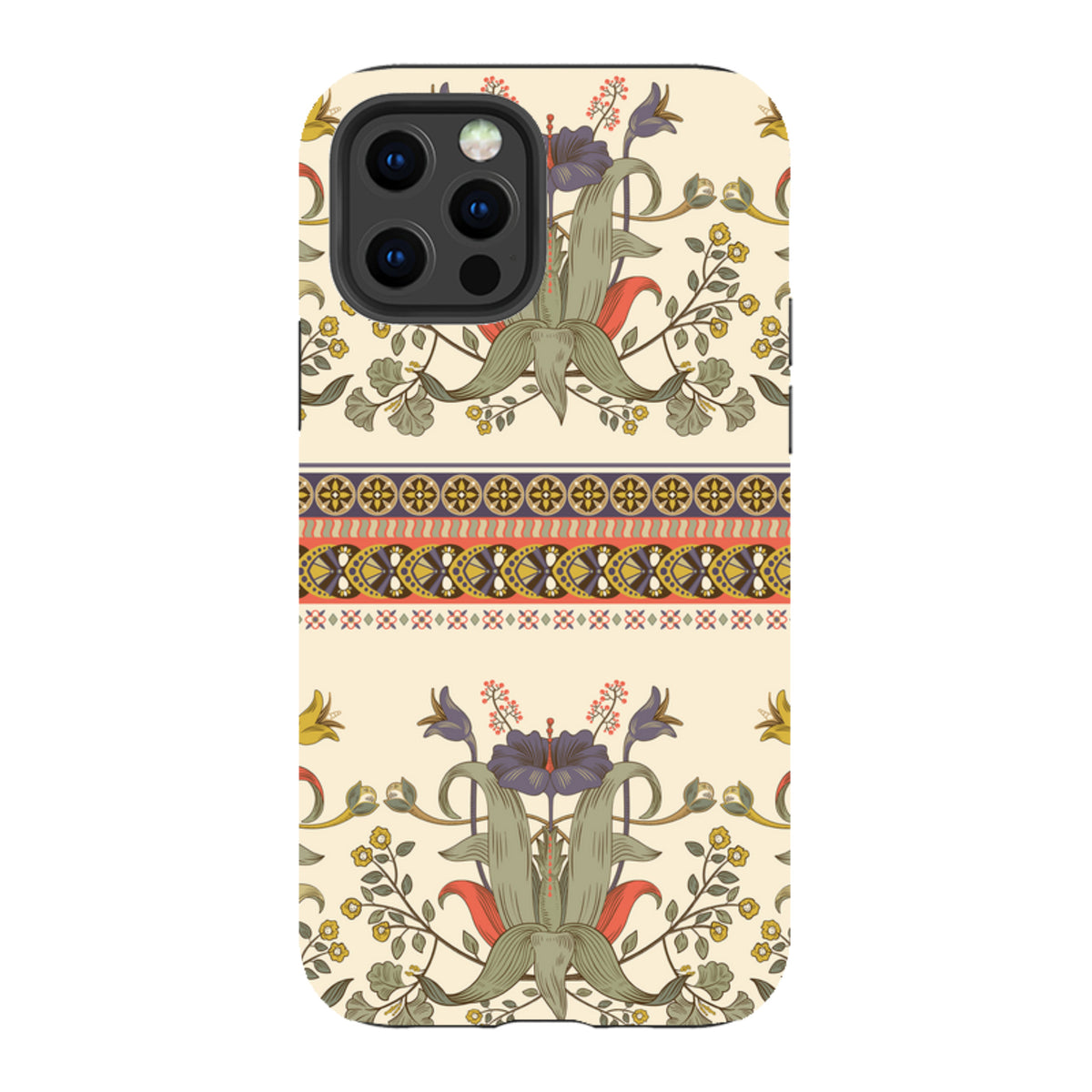 iPhone tough case featuring a cream background with a symmetrical floral pattern and intricate decorative borders.