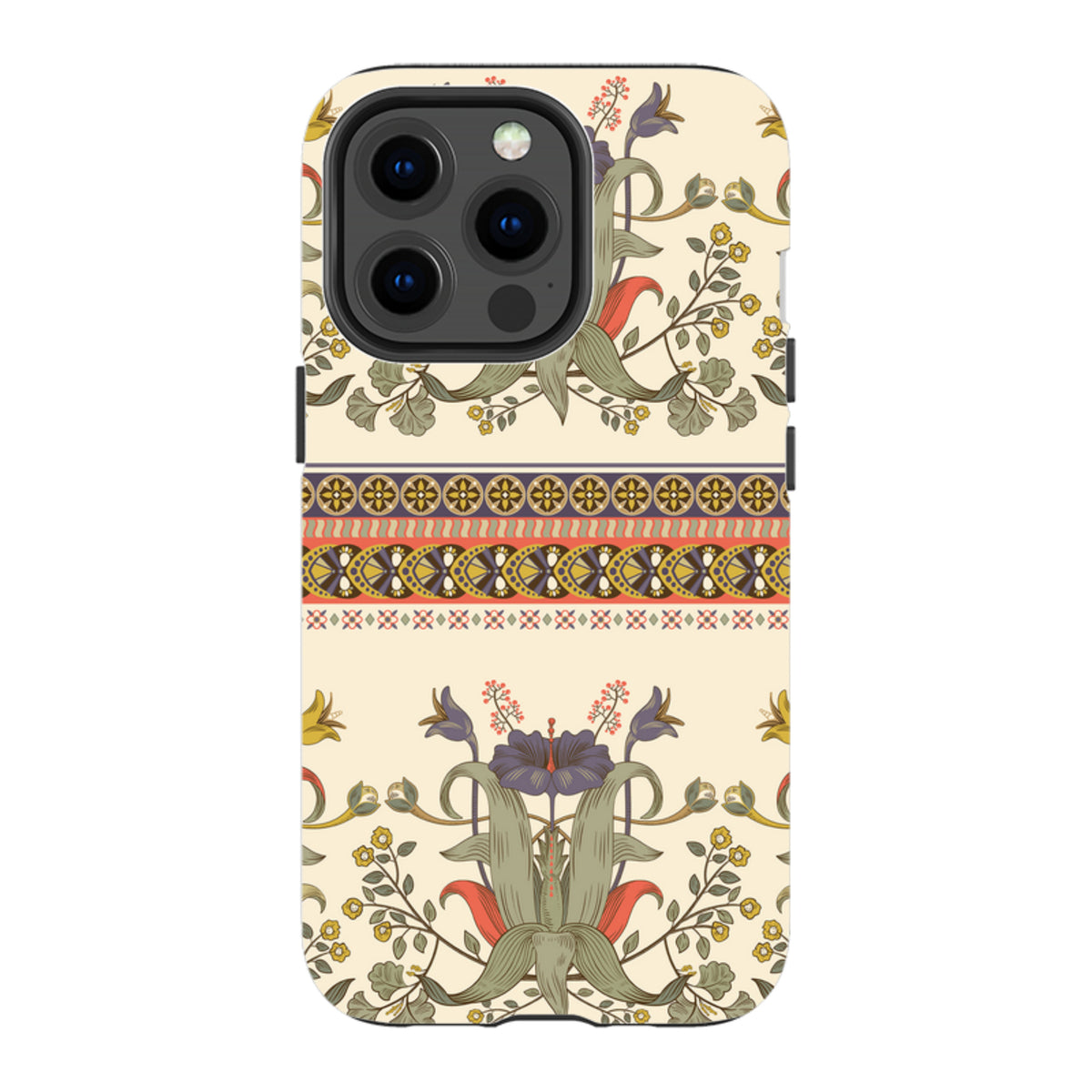 iPhone Tough Case in Godstone design featuring cream background, floral botanical motifs, and intricate geometric borders.