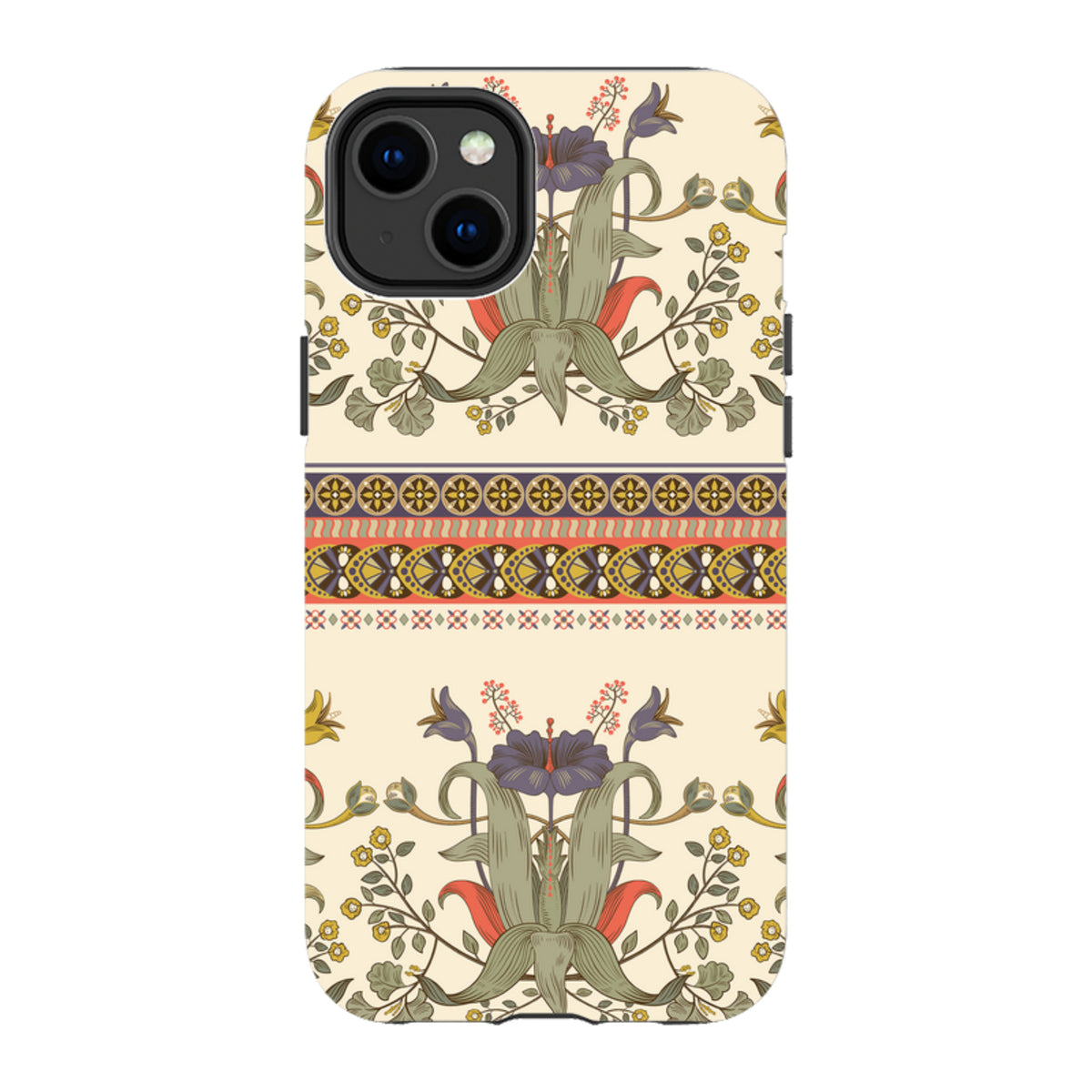 iPhone Tough Case featuring a cream background with intricate floral patterns, botanical illustrations, and decorative borders.