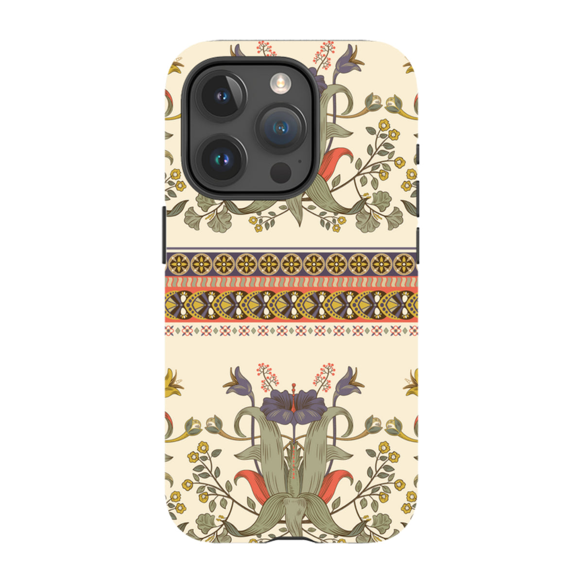 iPhone Tough Case in Godstone print featuring a cream background with floral patterns and decorative geometric borders.