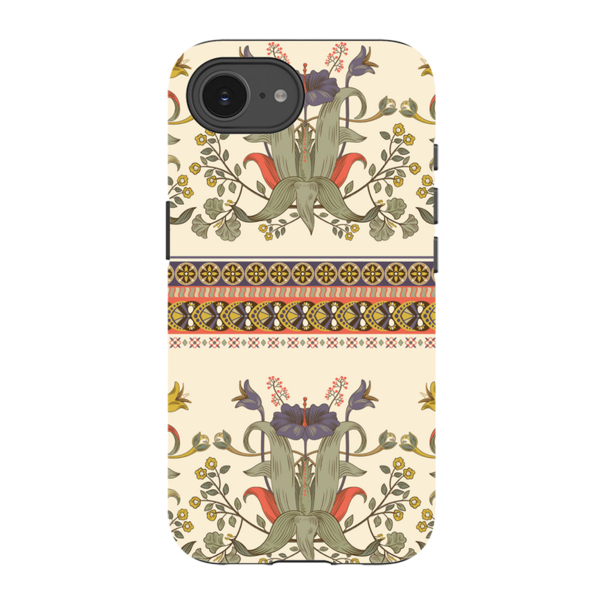 iPhone Tough Case featuring a cream background with intricate floral patterns, botanical motifs, and decorative borders.
