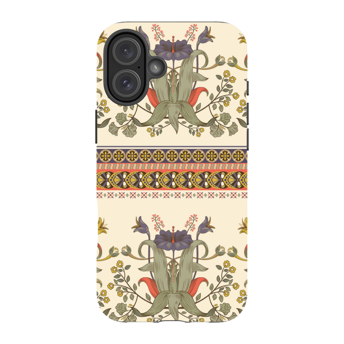 iPhone Tough Case in Godstone design featuring a cream background with floral patterns and decorative geometric borders.