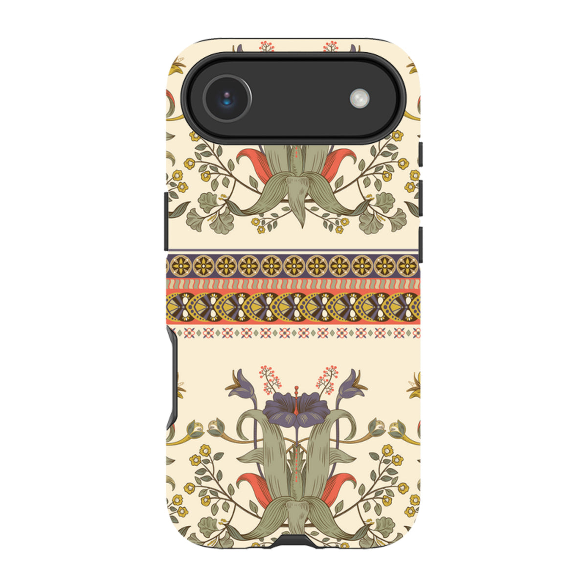 iPhone Tough Case in Godstone design featuring a cream background with intricate floral patterns and geometric borders.