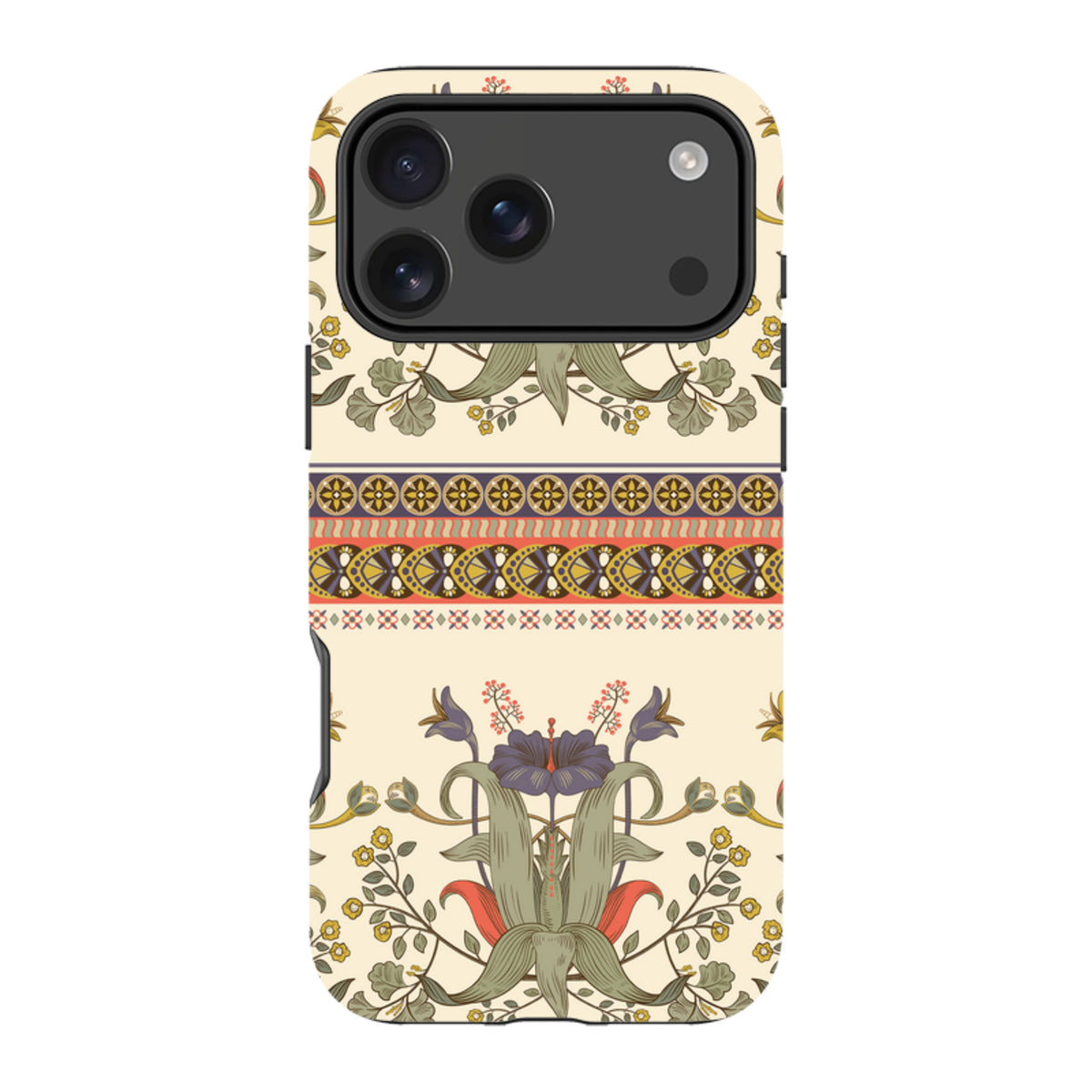 Godstone iPhone tough case featuring a cream background with intricate floral patterns and decorative geometric bands.