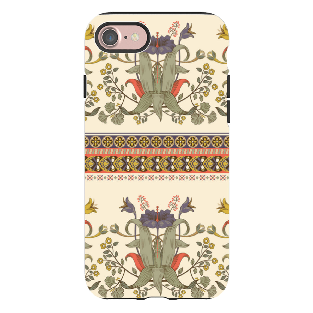 Godstone dual-layer iPhone tough case featuring a cream background with intricate floral patterns and decorative borders.