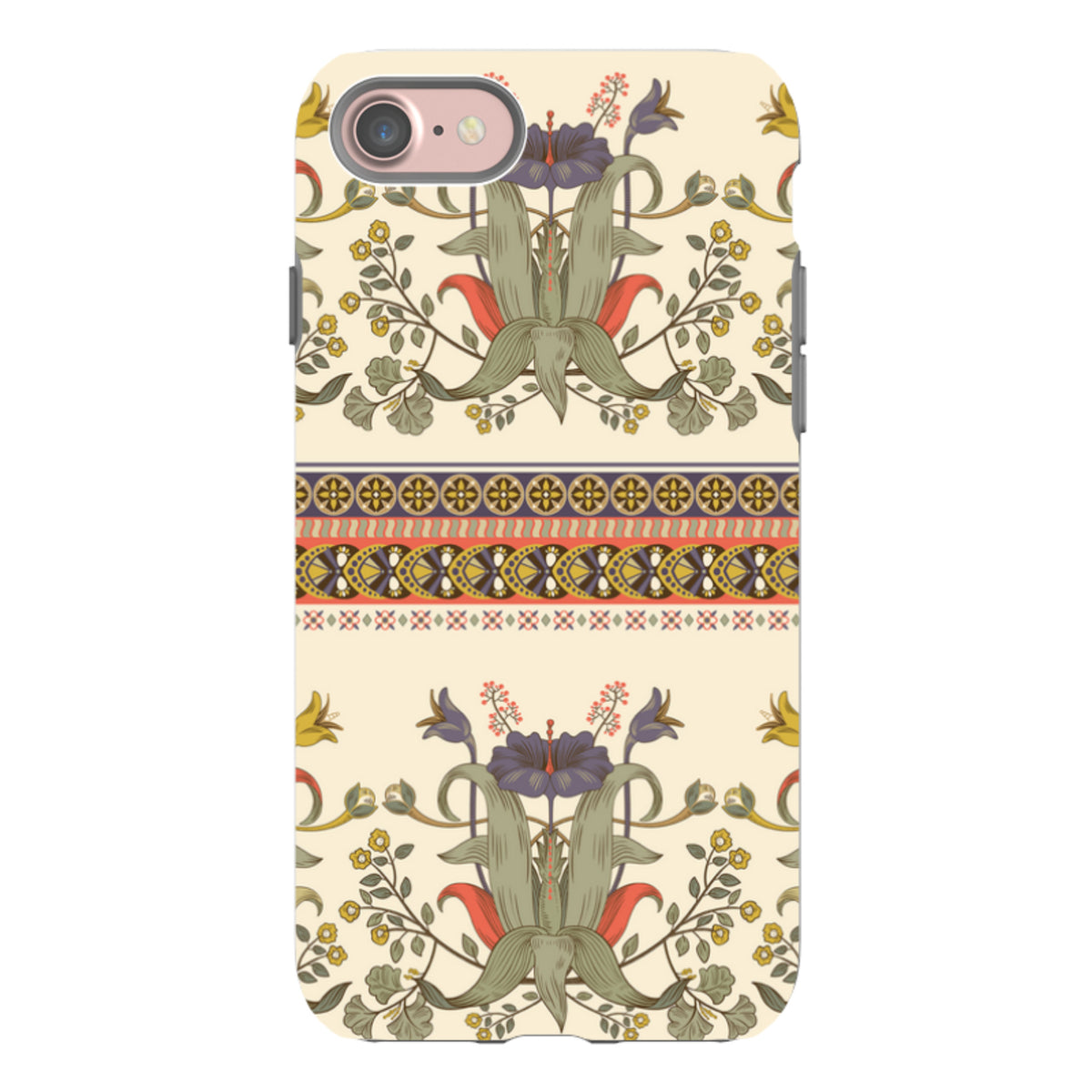 iPhone Tough Case in Godstone print featuring a cream background with intricate floral patterns and decorative borders.