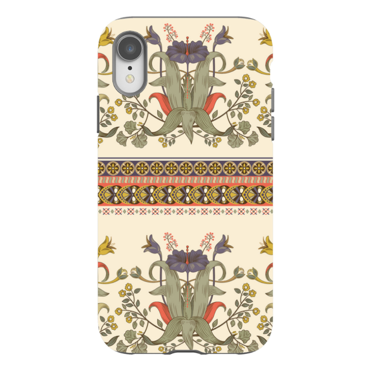 iPhone Tough Case in Godstone design featuring a cream background with floral patterns and decorative geometric borders.