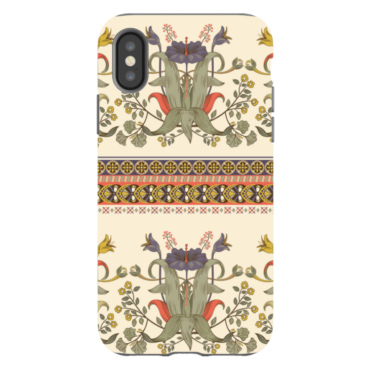 iPhone Tough Case in Godstone design with floral patterns, ornate borders, and a dual-layer protective shell.
