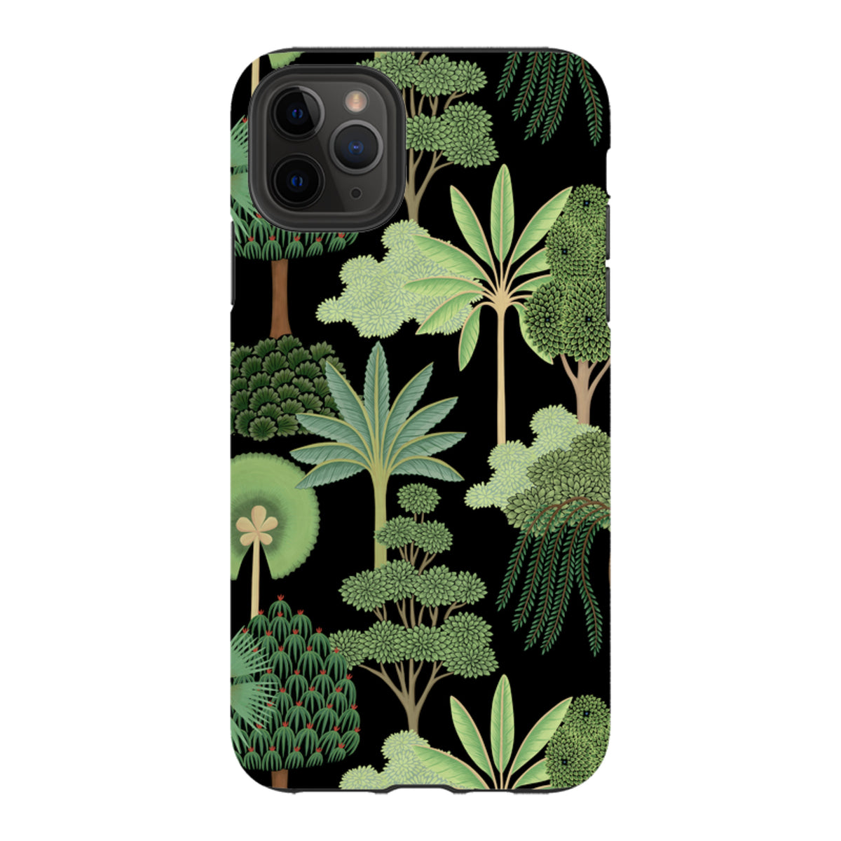 Dual-layer iPhone tough case featuring a black background with a detailed green botanical forest pattern.