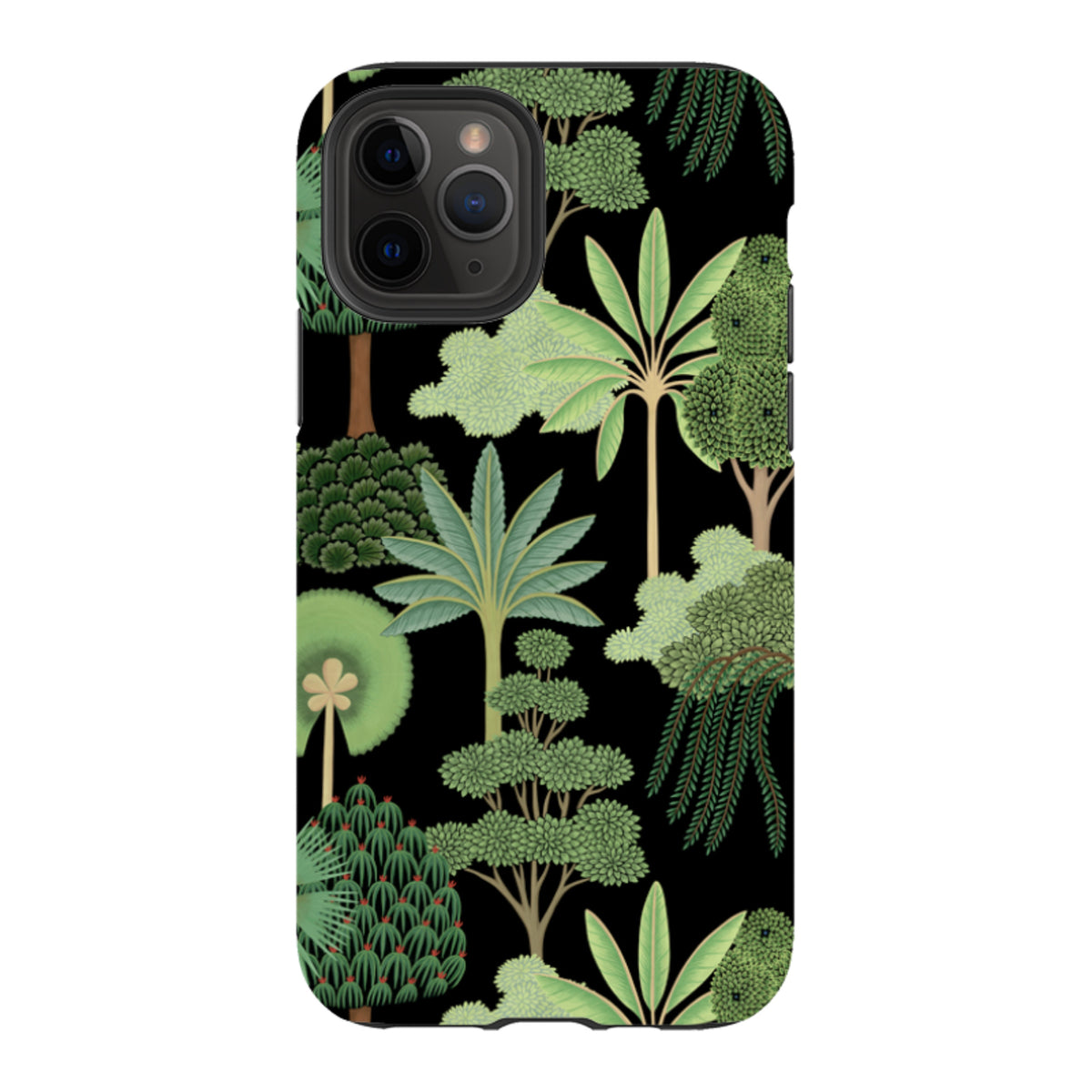 iPhone Tough Case featuring a black background with a detailed green botanical forest pattern and dual-layer protection.