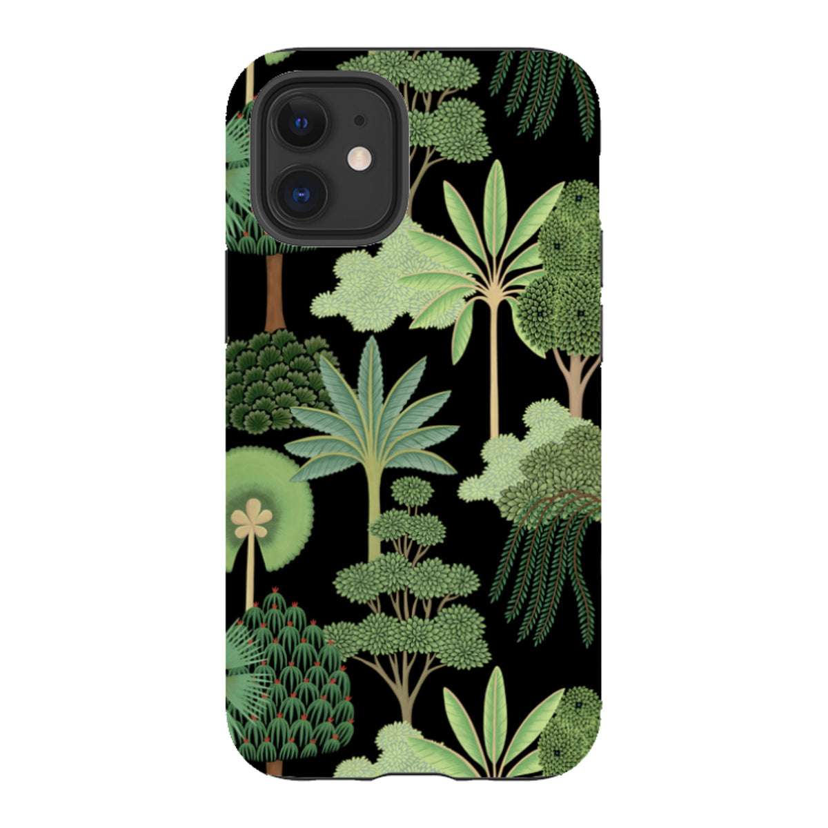 iPhone tough case with a black background and a vibrant, high-definition green tropical forest pattern.