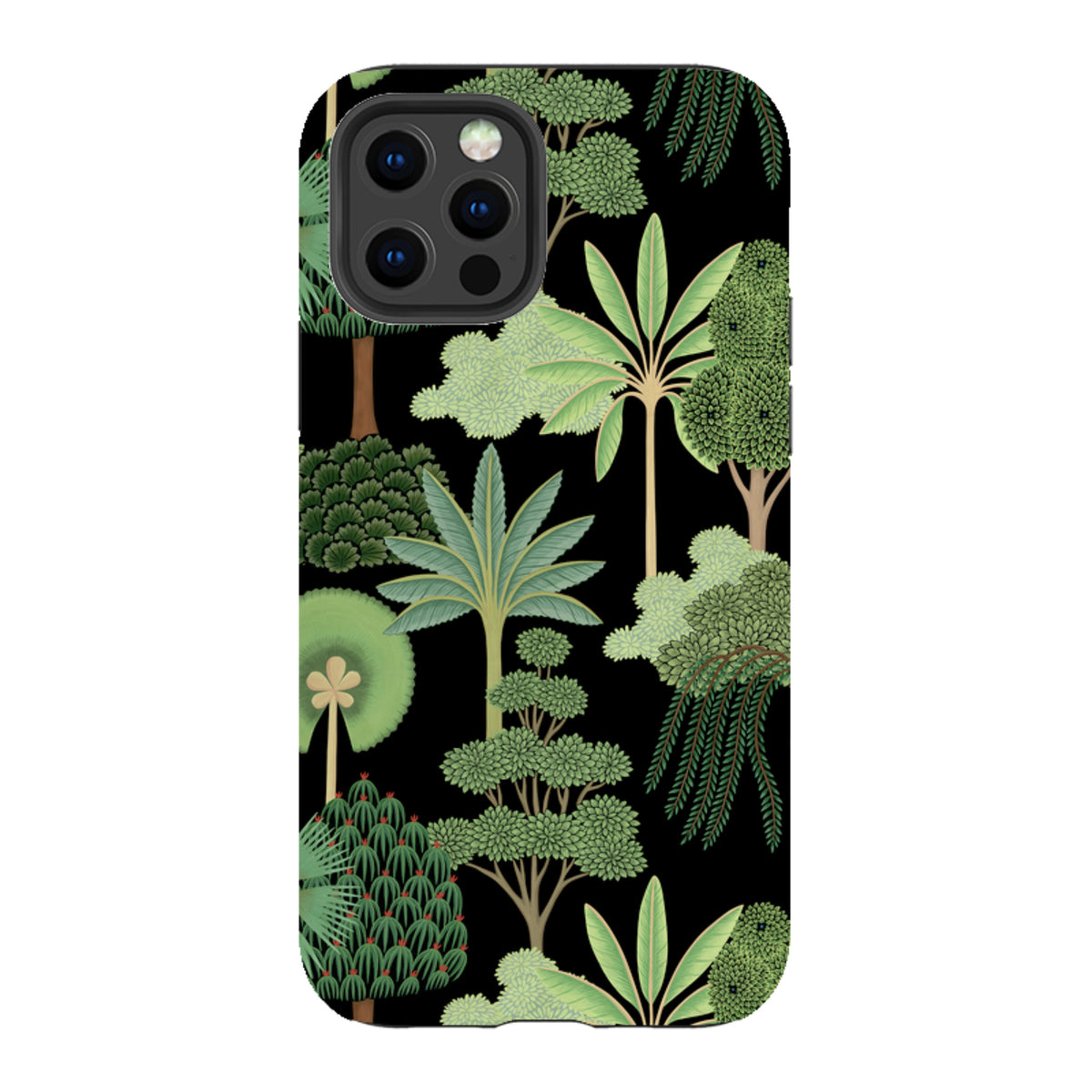 iPhone tough case featuring a black background with a detailed, high-definition green botanical forest pattern.