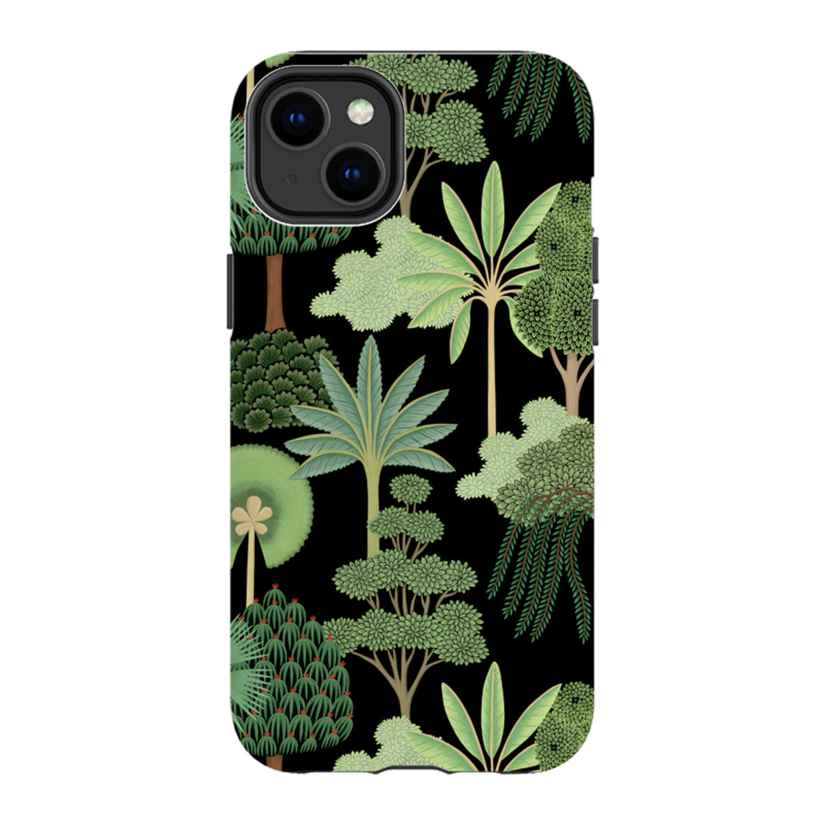 iPhone Tough Case featuring a black background with a vibrant, high-definition botanical pattern of green trees.