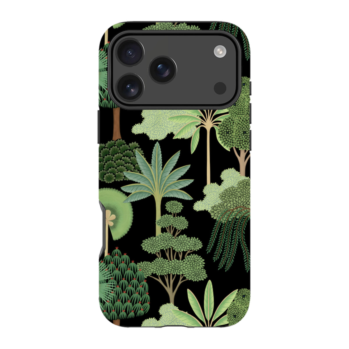 iPhone Tough Case featuring a black background with a detailed, high-definition green botanical forest pattern.