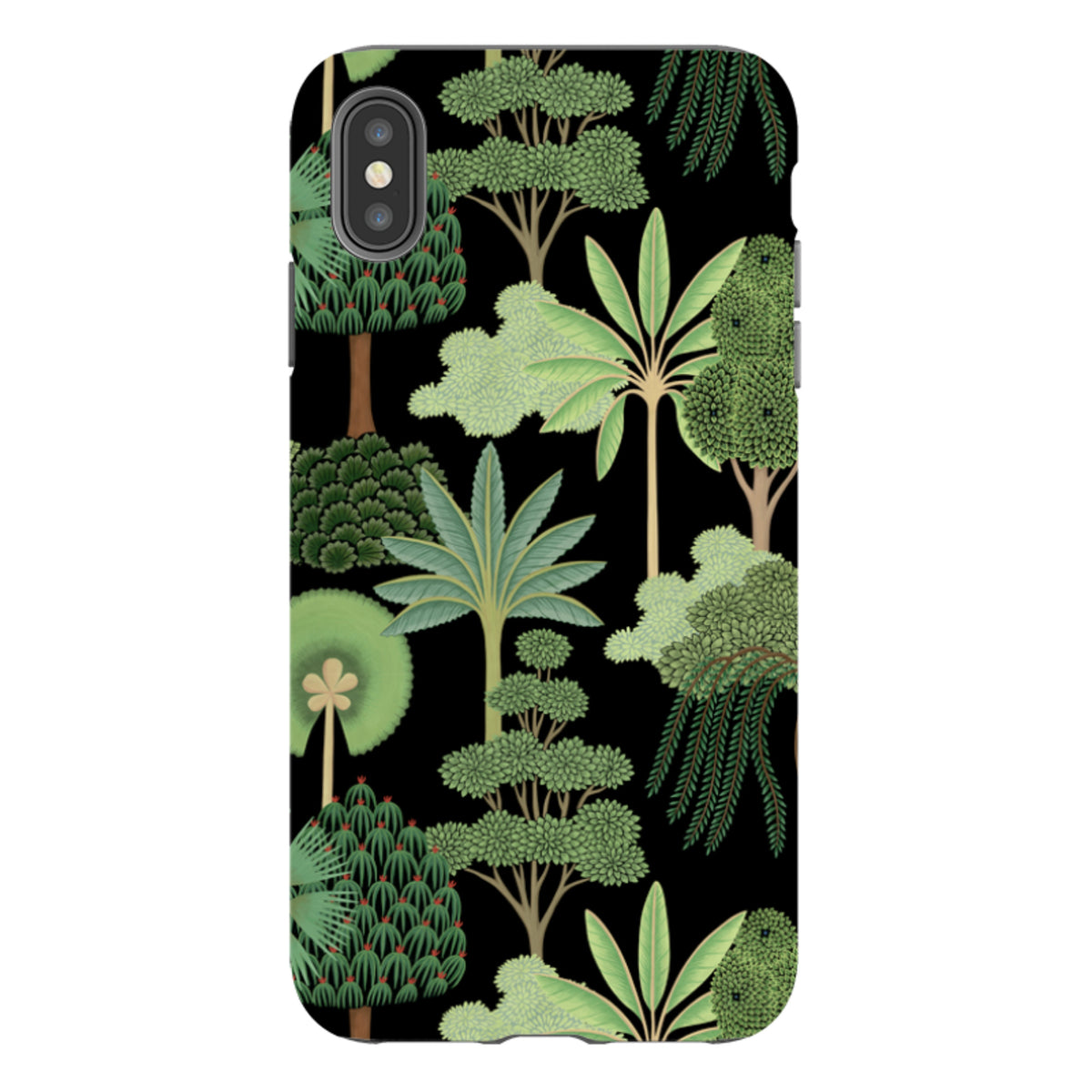 iPhone tough case with a black background and a vibrant, high-definition green forest tree pattern.