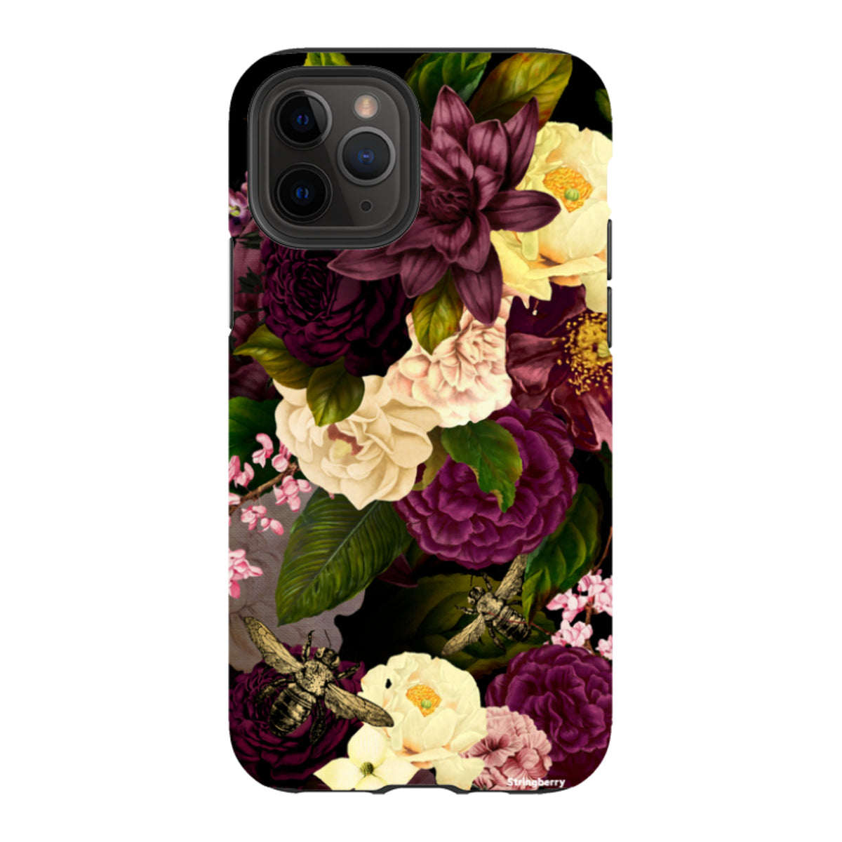 iPhone Tough Case featuring a dark floral design with purple and cream flowers, green leaves, and bees on a black background.