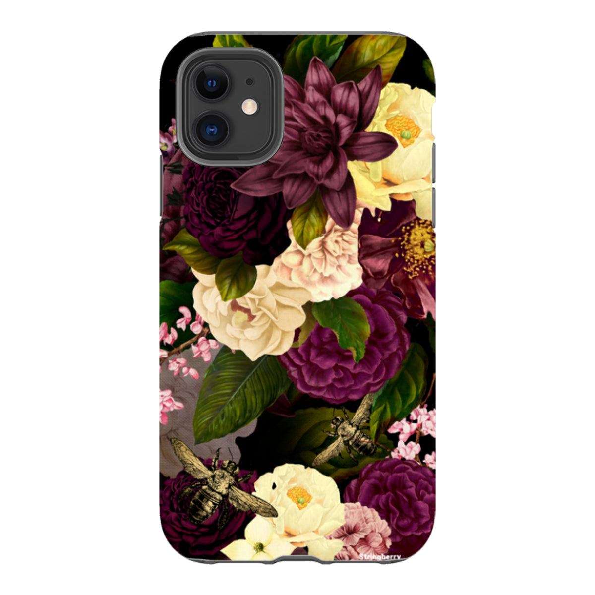 iPhone Tough Case featuring a dark floral pattern with deep purple, cream flowers, and vintage bee illustrations.