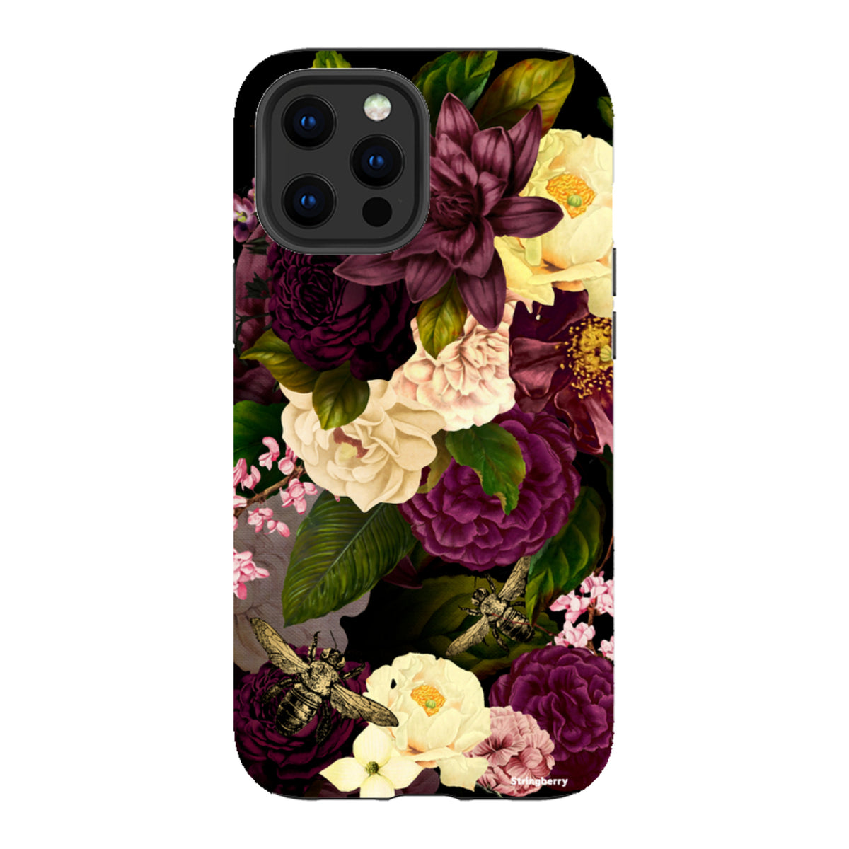 iPhone Tough Case featuring a dark floral design with deep purple and cream flowers, green leaves, and vintage bees.