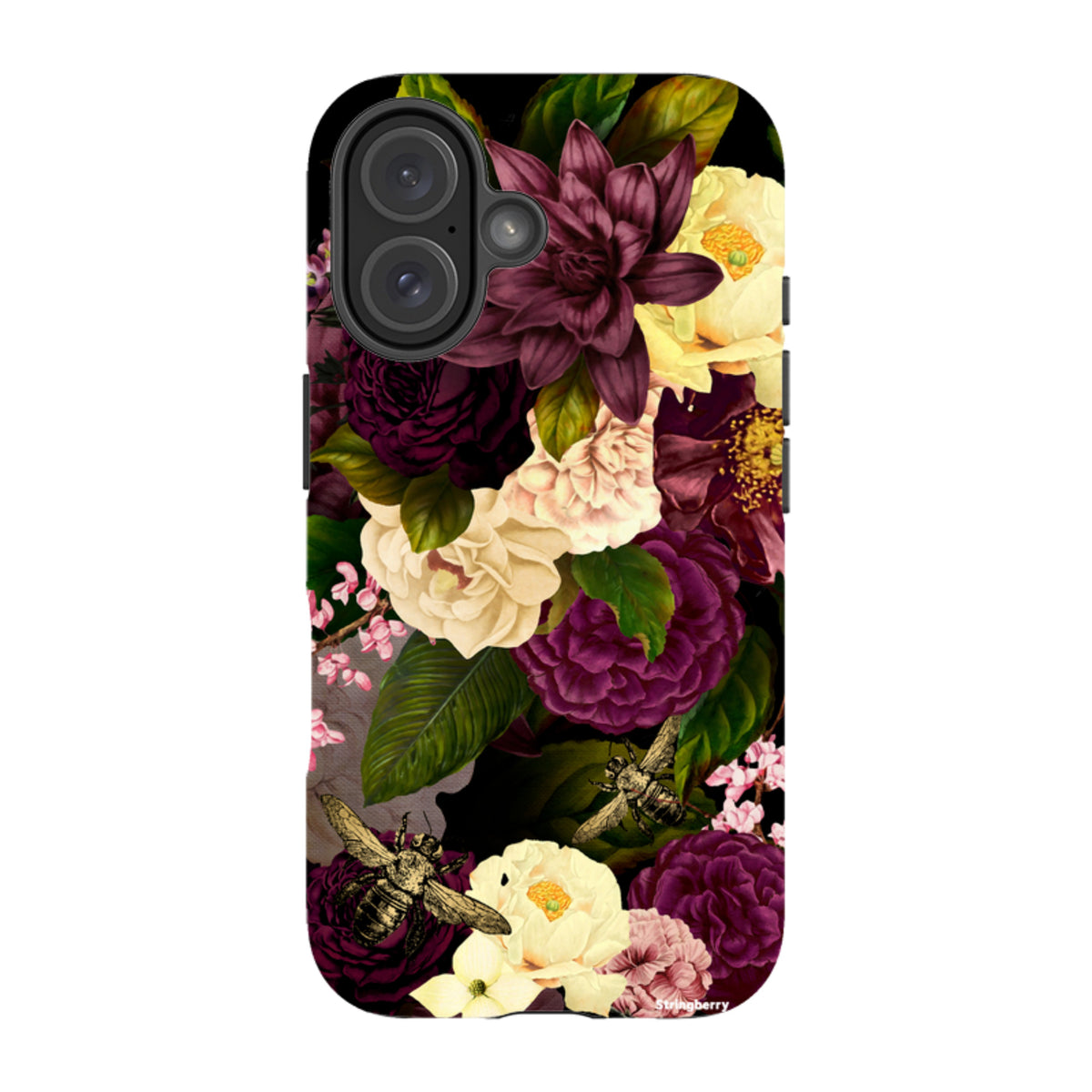 iPhone Tough Case featuring a dark floral design with deep purple and cream flowers, green leaves, and vintage bees.