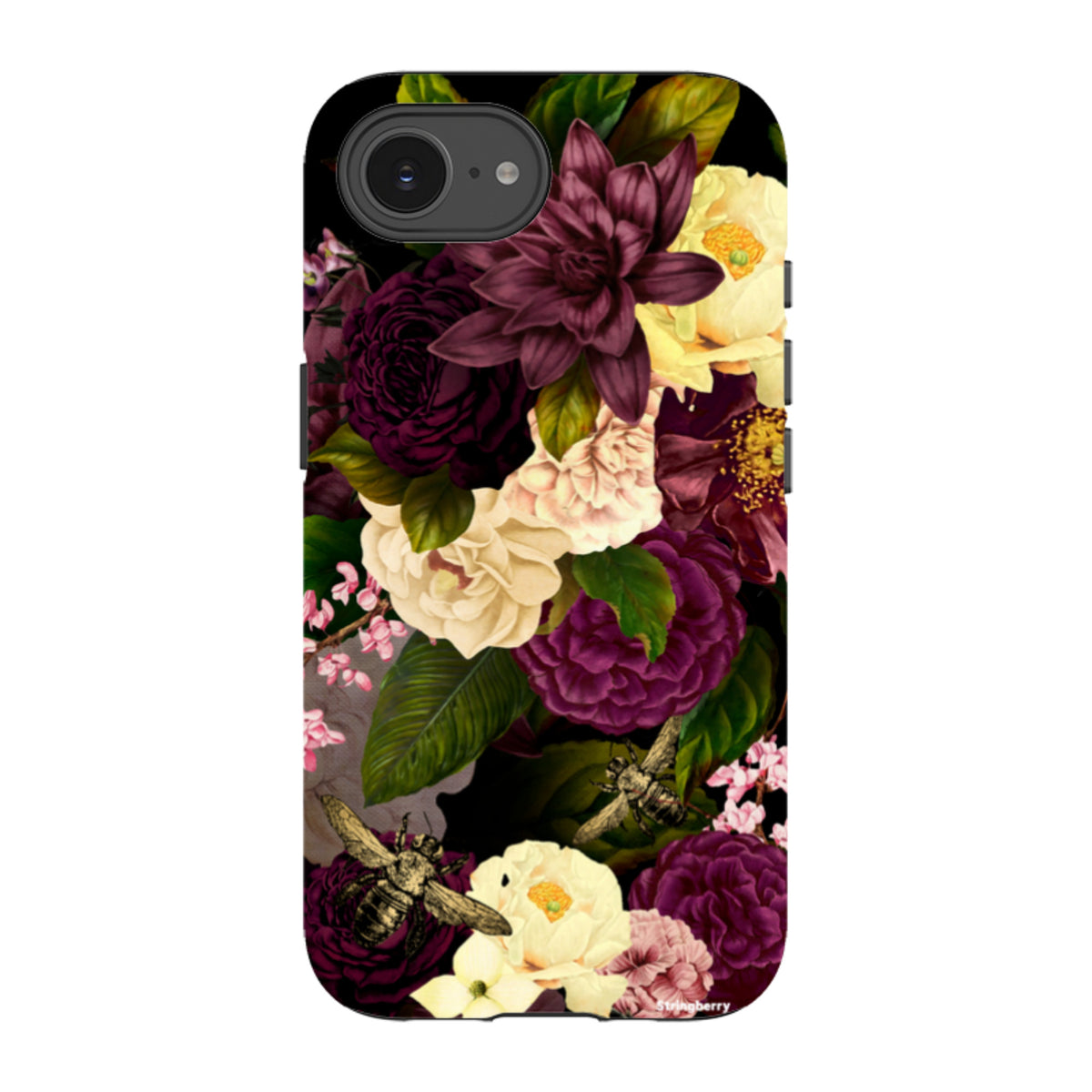 iPhone tough case featuring a dark floral design with deep purple and cream flowers, green leaves, and vintage bee illustrations.