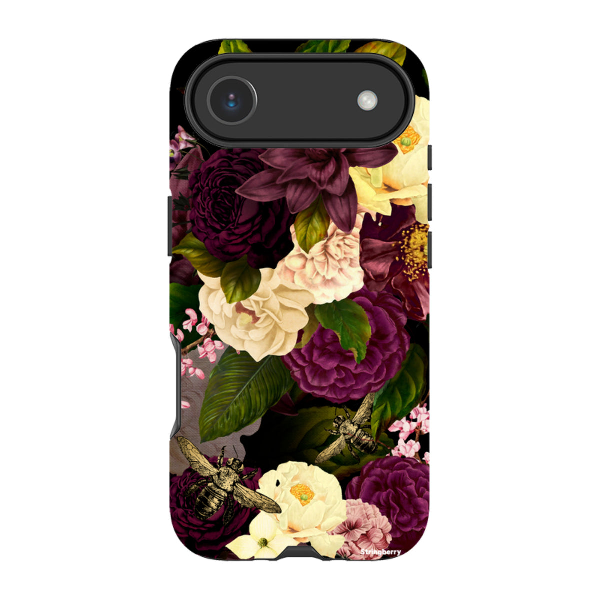 iPhone Tough Case featuring a dark floral pattern with deep purple and cream roses, green leaves, and vintage bee illustrations.