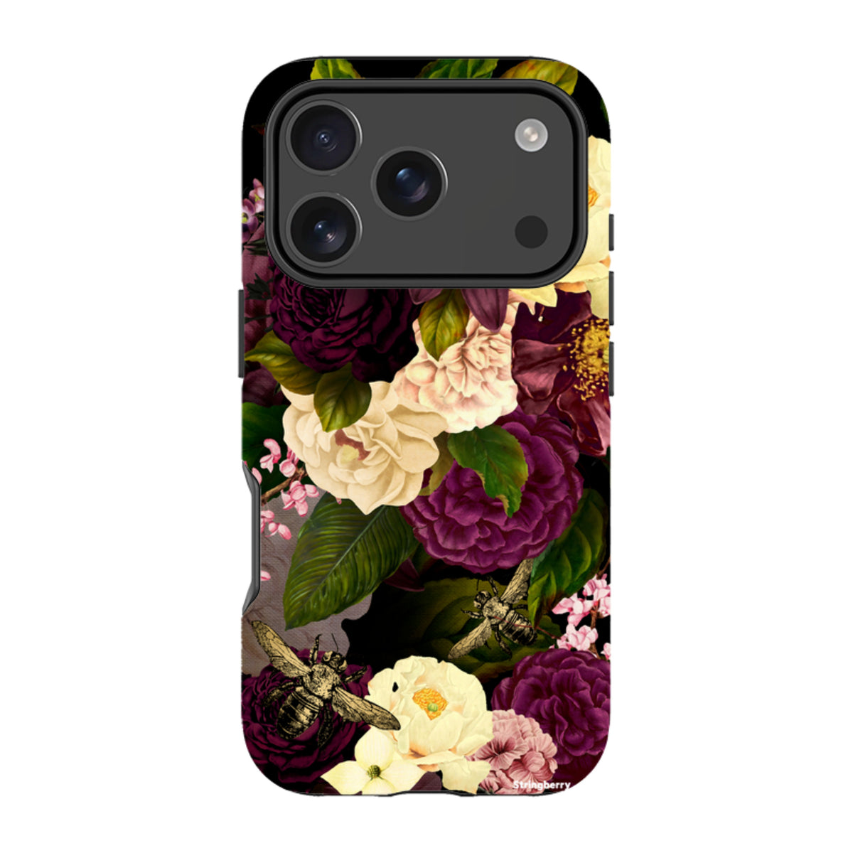 iPhone Tough Case featuring a dark floral design with cream and deep purple roses, green leaves, and vintage bee motifs.
