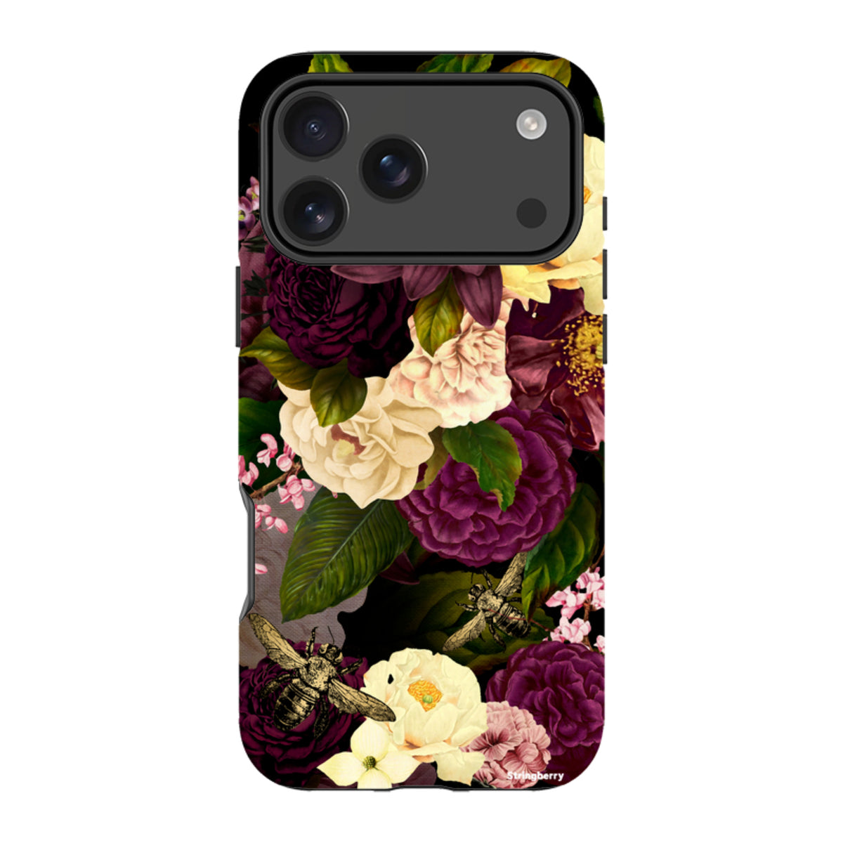 iPhone tough case featuring a dark floral design with purple and cream roses, green leaves, and vintage bee illustrations.
