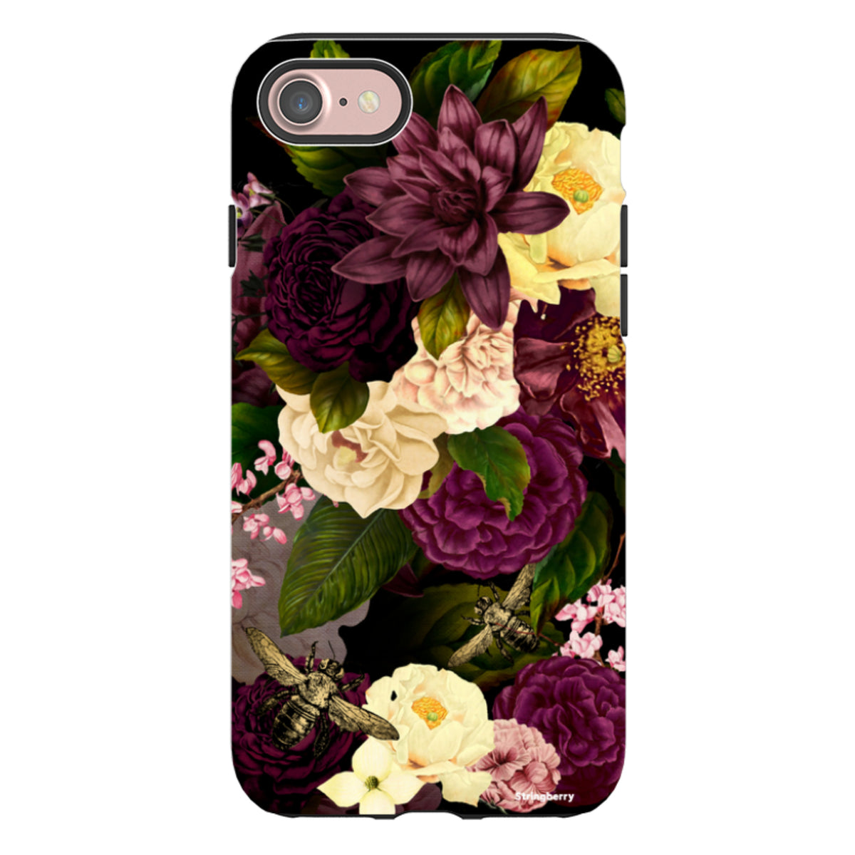 iPhone tough case with a dark floral print featuring deep purple and cream flowers, green leaves, and vintage bees.
