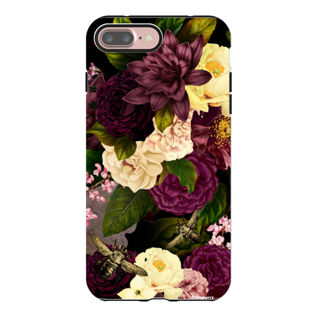 iPhone Tough Case featuring a dark floral design with purple and cream flowers, green leaves, and bees on a black background.