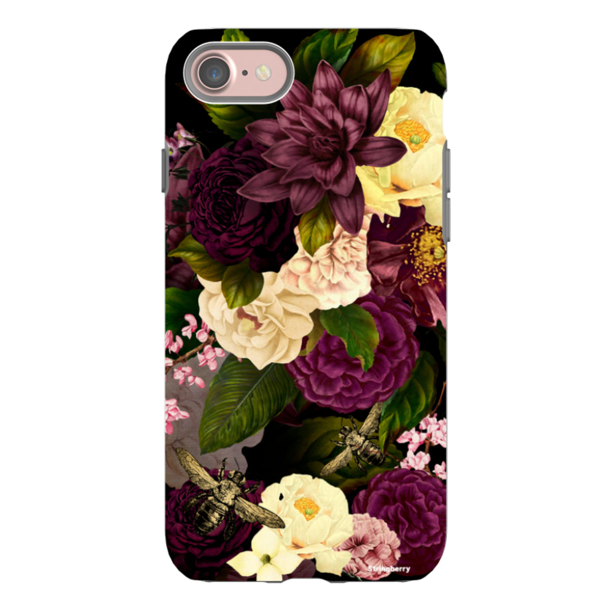 iPhone Tough Case featuring a dark floral design with deep purple and cream flowers, green leaves, and bees.
