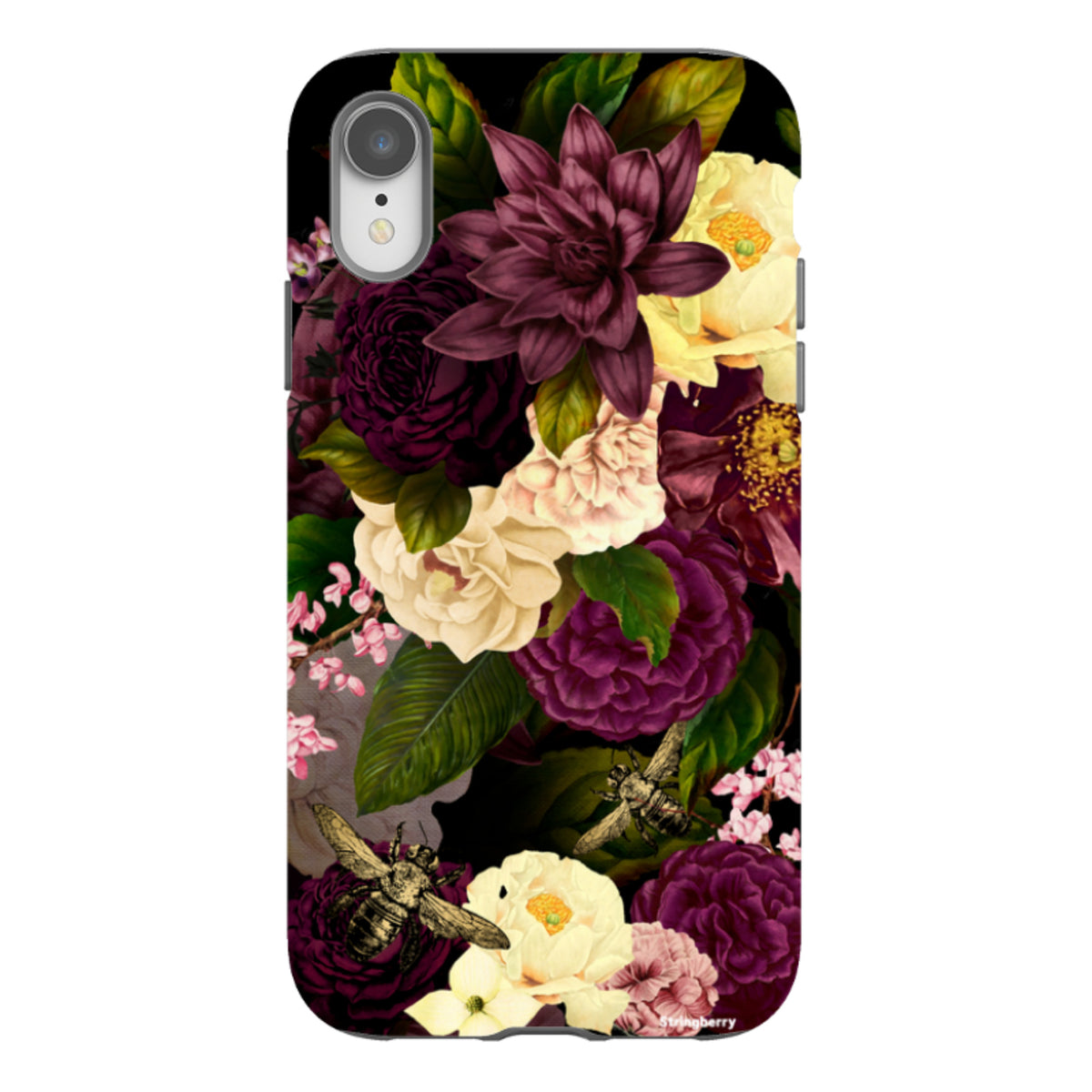 iPhone Tough Case featuring a dark floral design with purple and cream flowers, green leaves, and bees on a black background.