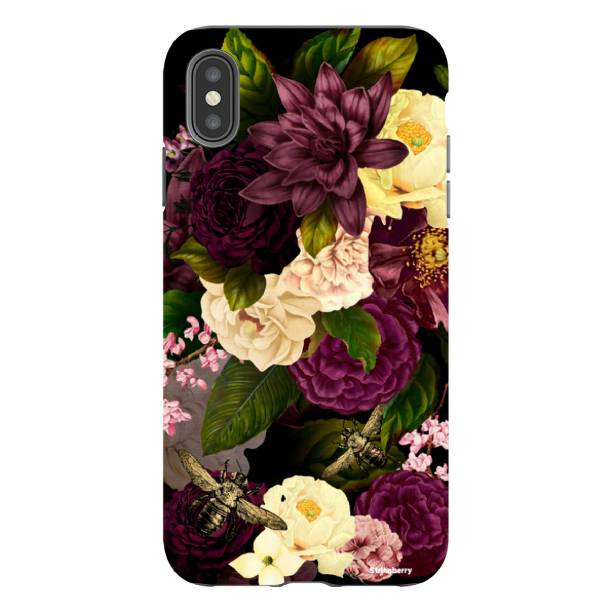 iPhone Tough Case featuring a dark floral design with purple and cream flowers, green leaves, and bees on a black background.