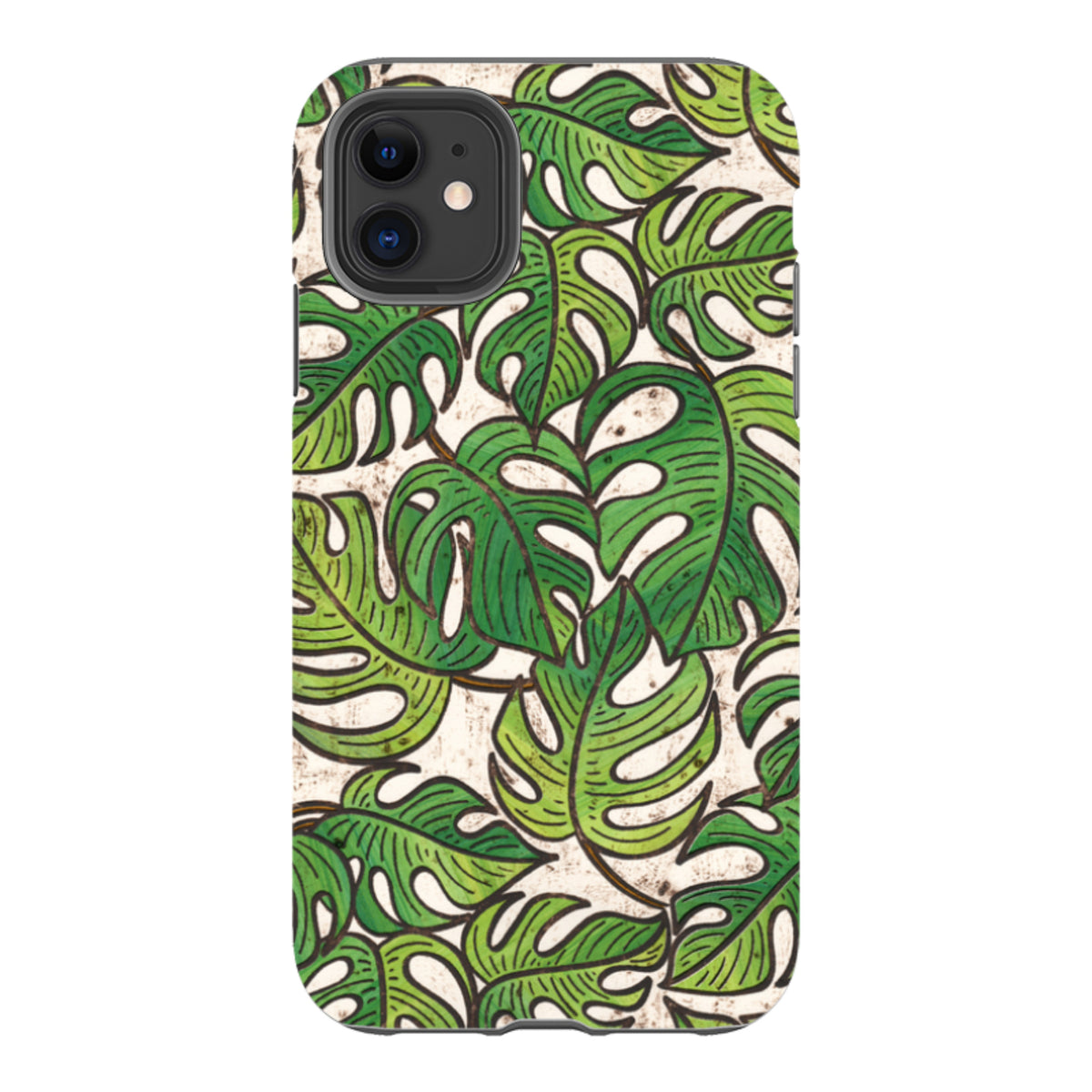 iPhone tough case featuring a green monstera leaf pattern by Amelia Bowman on a textured cream background.