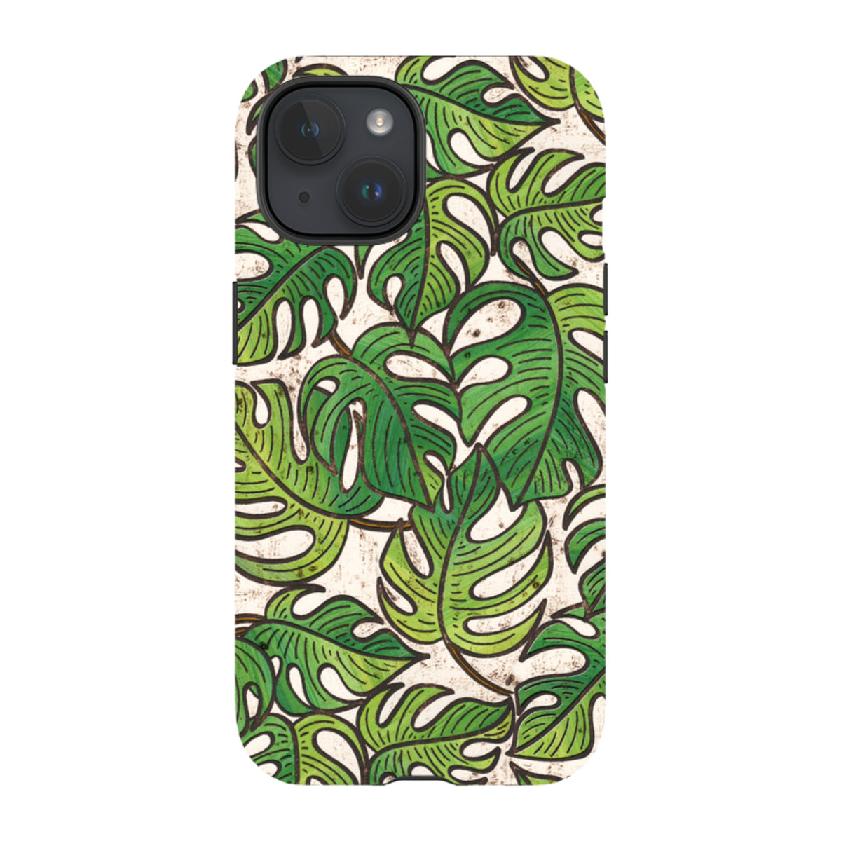 iPhone tough case featuring a green monstera leaf floral pattern by artist Amelia Bowman on a textured cream background.