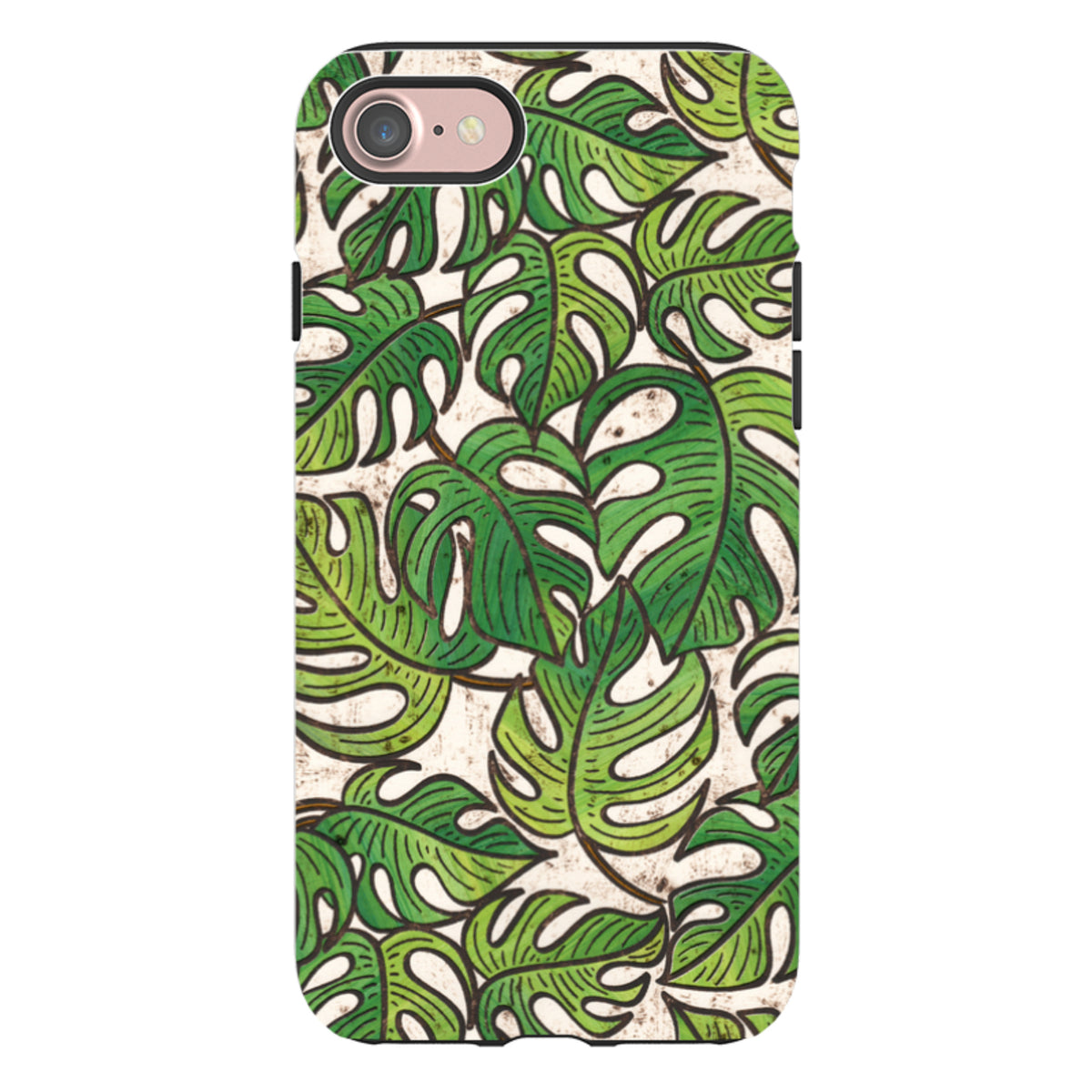 iPhone tough case featuring a green monstera leaf pattern by Amelia Bowman on a textured cream background.