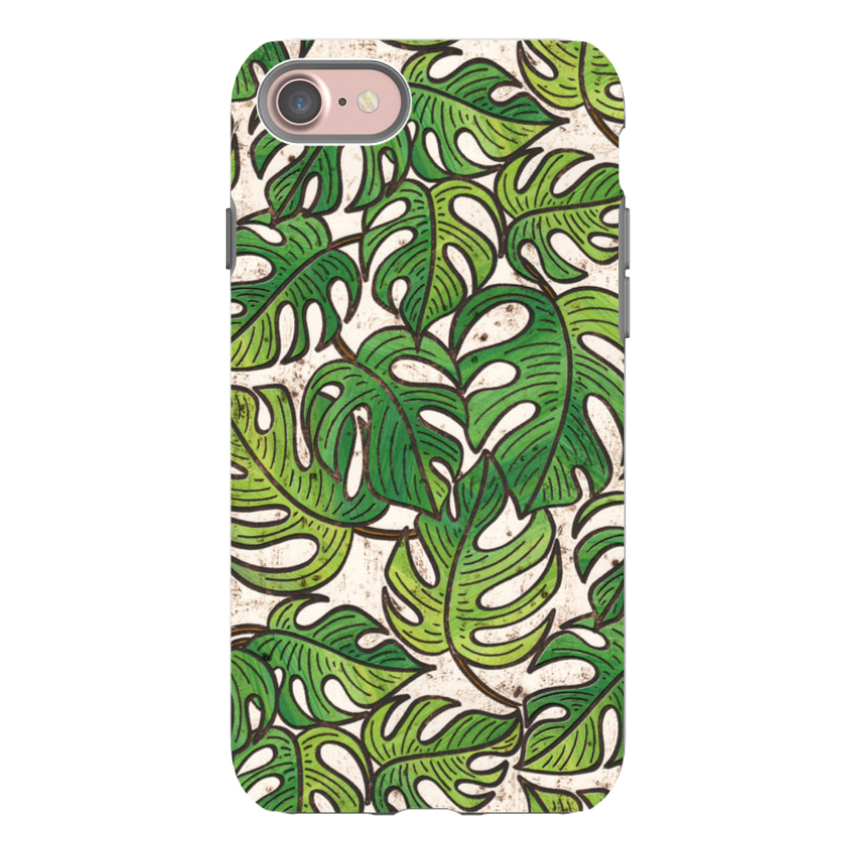 iPhone tough case featuring a green monstera leaf floral pattern by Amelia Bowman on a textured off-white background.