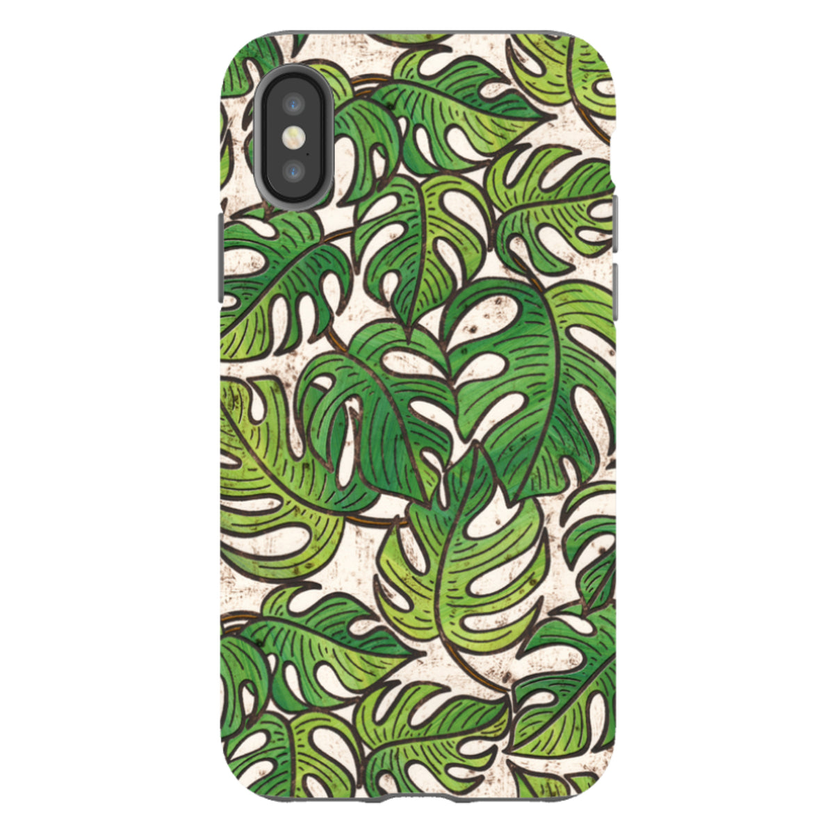 iPhone tough case featuring a green monstera leaf floral pattern by Amelia Bowman on a textured cream background.